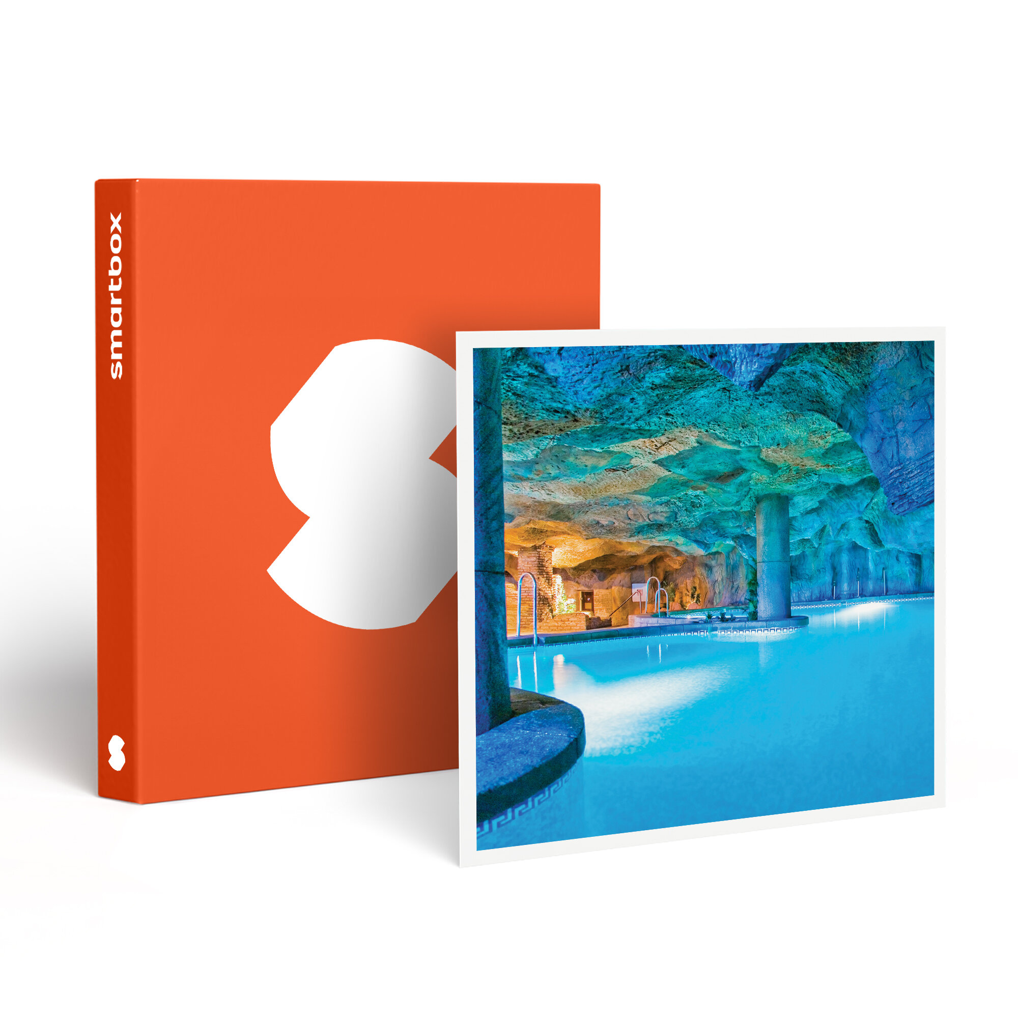 Una caja naranja con una forma blanca y una imagen de una piscina en una estructura tipo cueva.