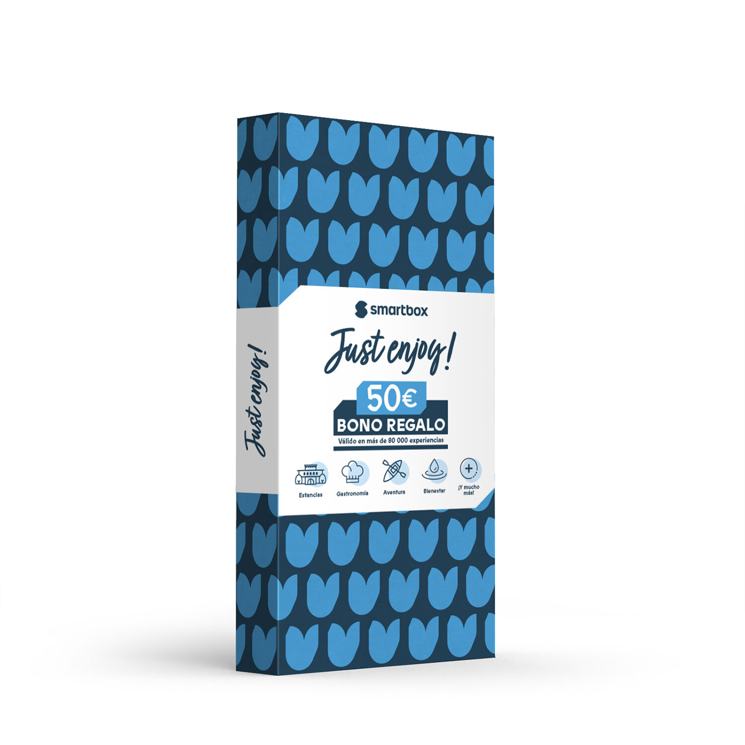 Una caja de regalo con un patrón de flores azules. Dice 'Just enjoy!' y '50€'. Incluye iconos de experiencias como estancias, gastronomía, aventura y bienestar.