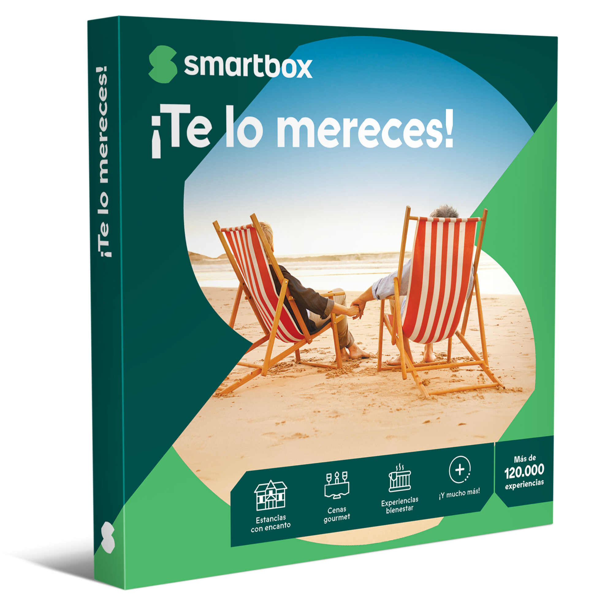 La imagen muestra una Smartbox. Dos personas están sentadas en sillas de playa. La caja promociona experiencias con el texto '¡Te lo mereces!'