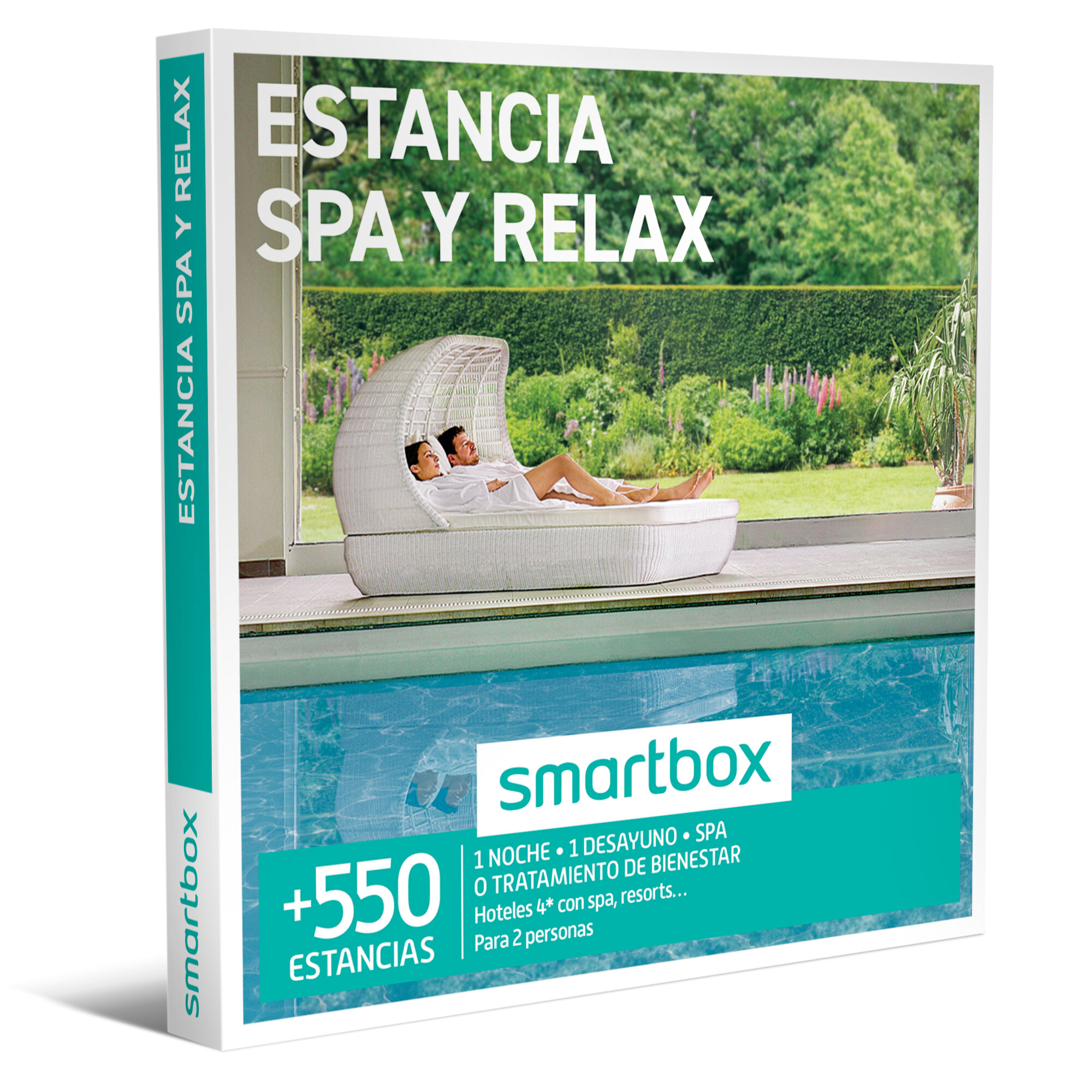 Caja con texto 'Estancia Spa y Relax'. Una pareja se relaja en una cama blanca cerca de una piscina. Fondo verde.
