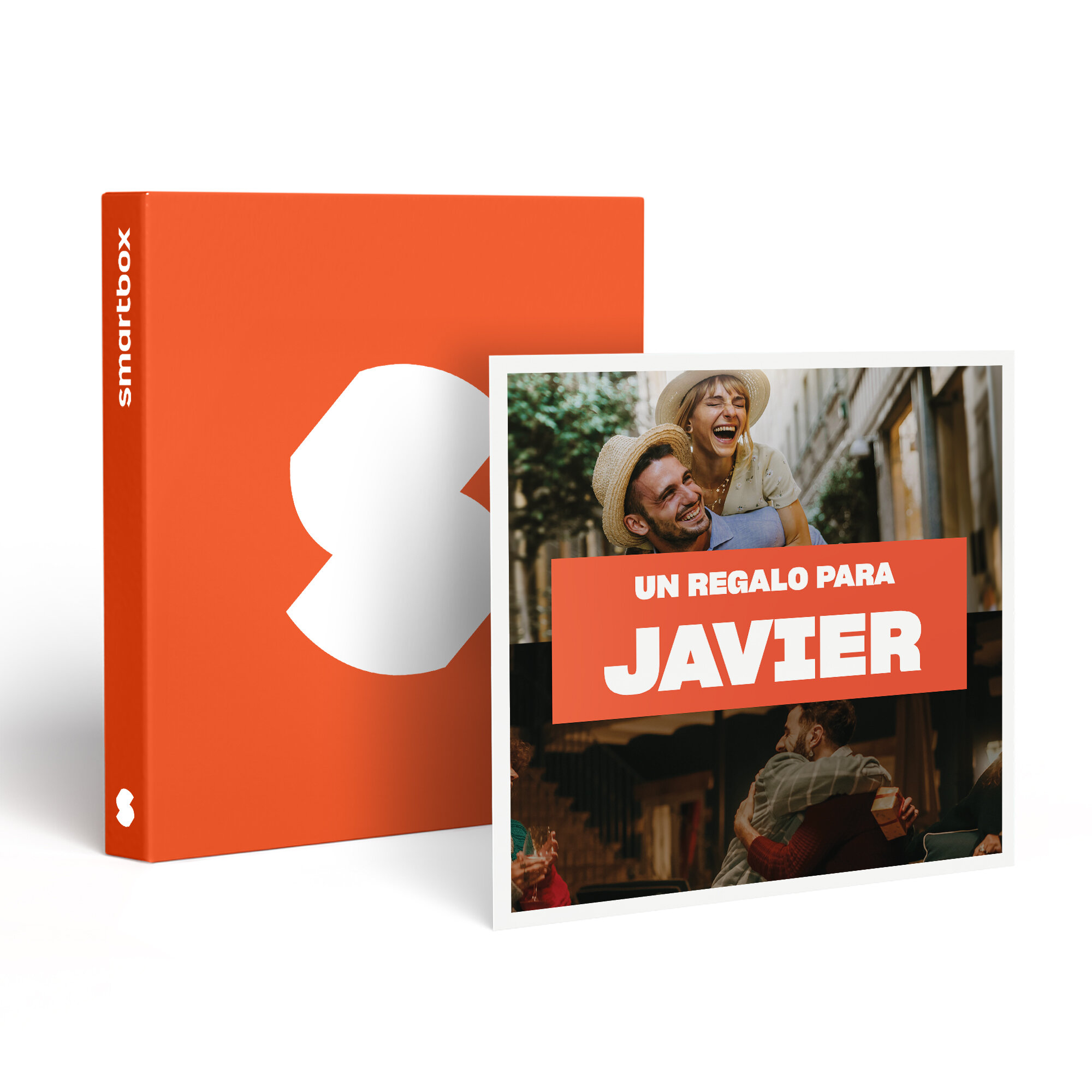Una caja de regalo naranja con un logotipo blanco y una foto con gente. La foto dice 'Un regalo para Javier'.