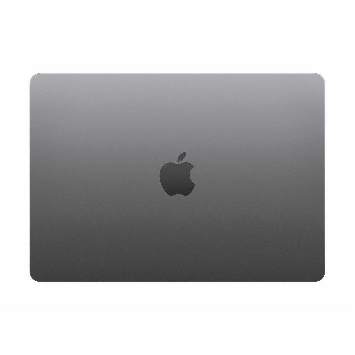 Un portátil gris con el logotipo de Apple en el centro. El portátil tiene esquinas redondeadas y una superficie lisa y reflectante.