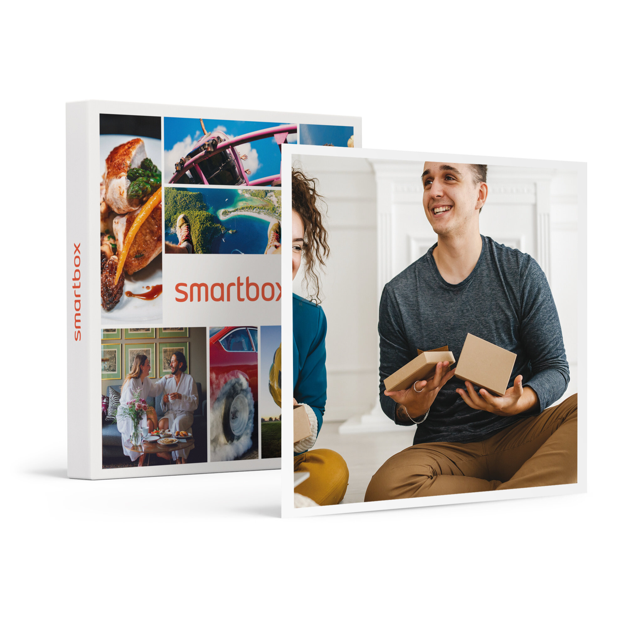 Un hombre abre una caja de regalo. Un álbum de fotos muestra varias imágenes, incluyendo comida, naturaleza y una pareja.