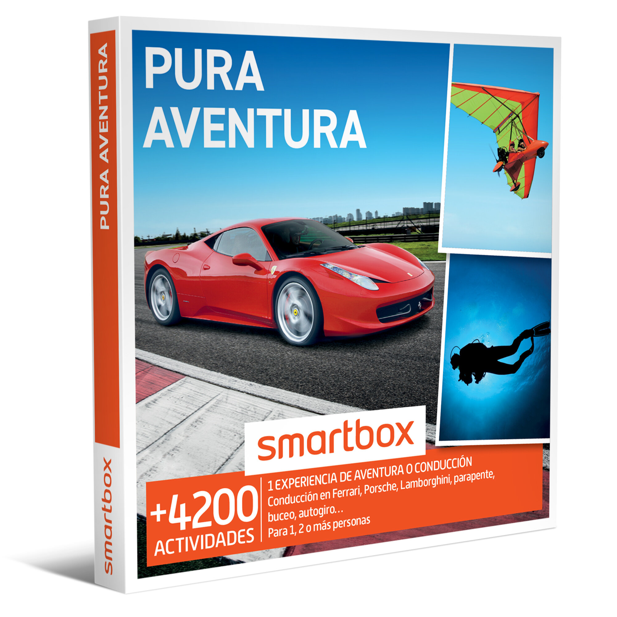 Paquete Smartbox con imágenes de un coche rojo, parapente y buceo, que promociona actividades de aventura.