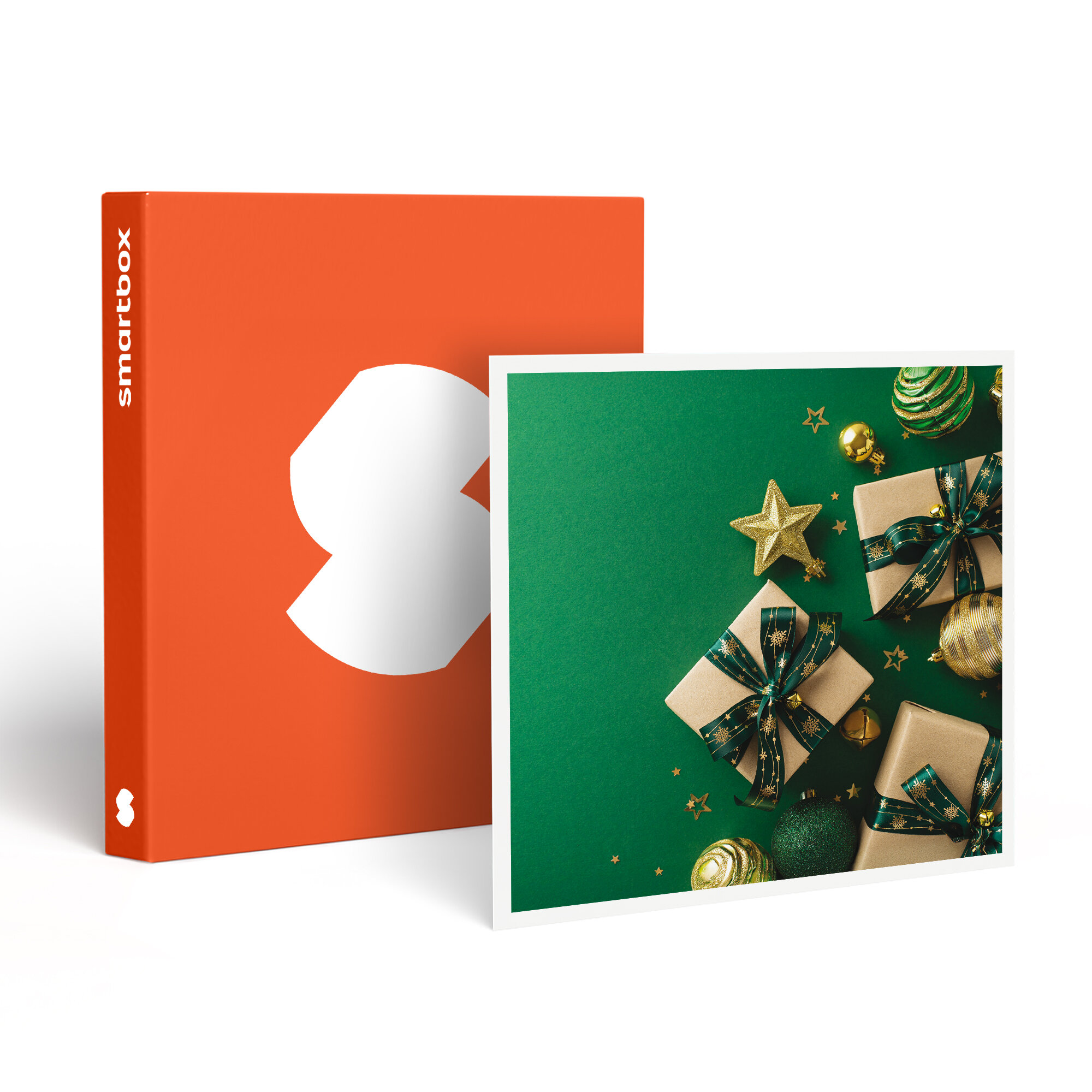 Una caja naranja con un logotipo blanco junto a un cuadrado verde con regalos, adornos y estrellas.