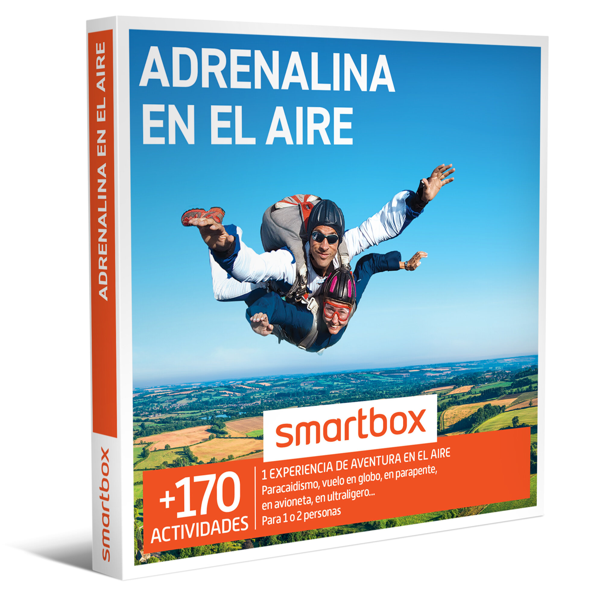 Arte de caja muestra dos paracaidistas con cielo azul y texto: Adrenalina en el aire.