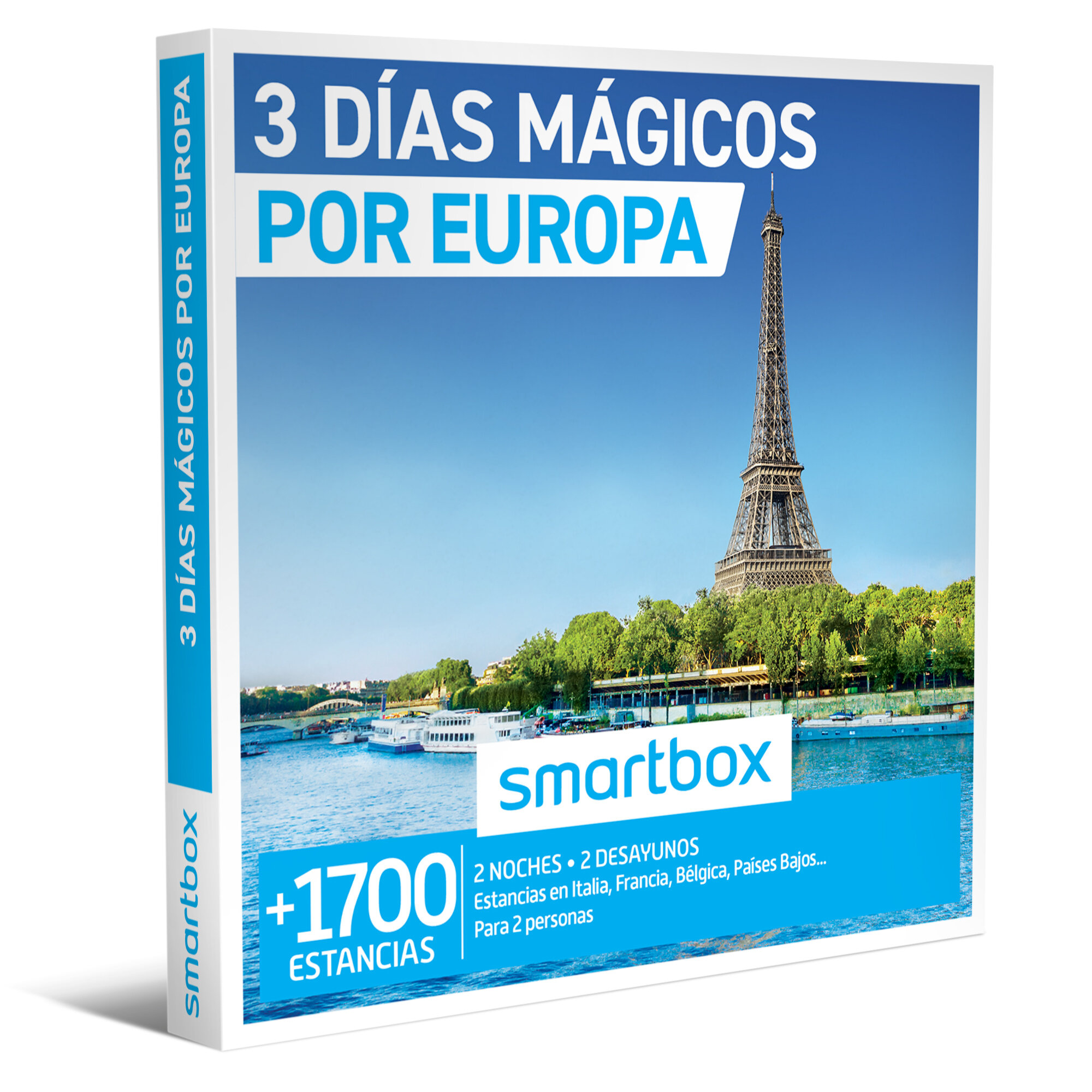 Arte de caja con la Torre Eiffel, texto: 3 días mágicos en Europa. Incluye estancias para dos personas.