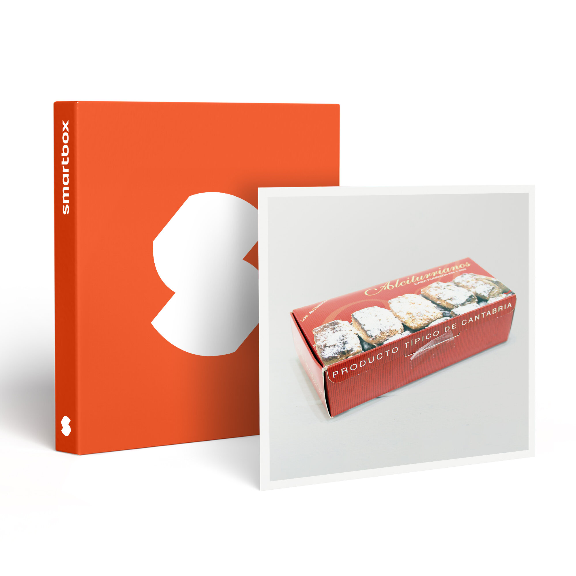 Una Smartbox naranja junto a una caja roja de pasteles etiquetada como 'Producto Típico de Cantabria'. El fondo es blanco.