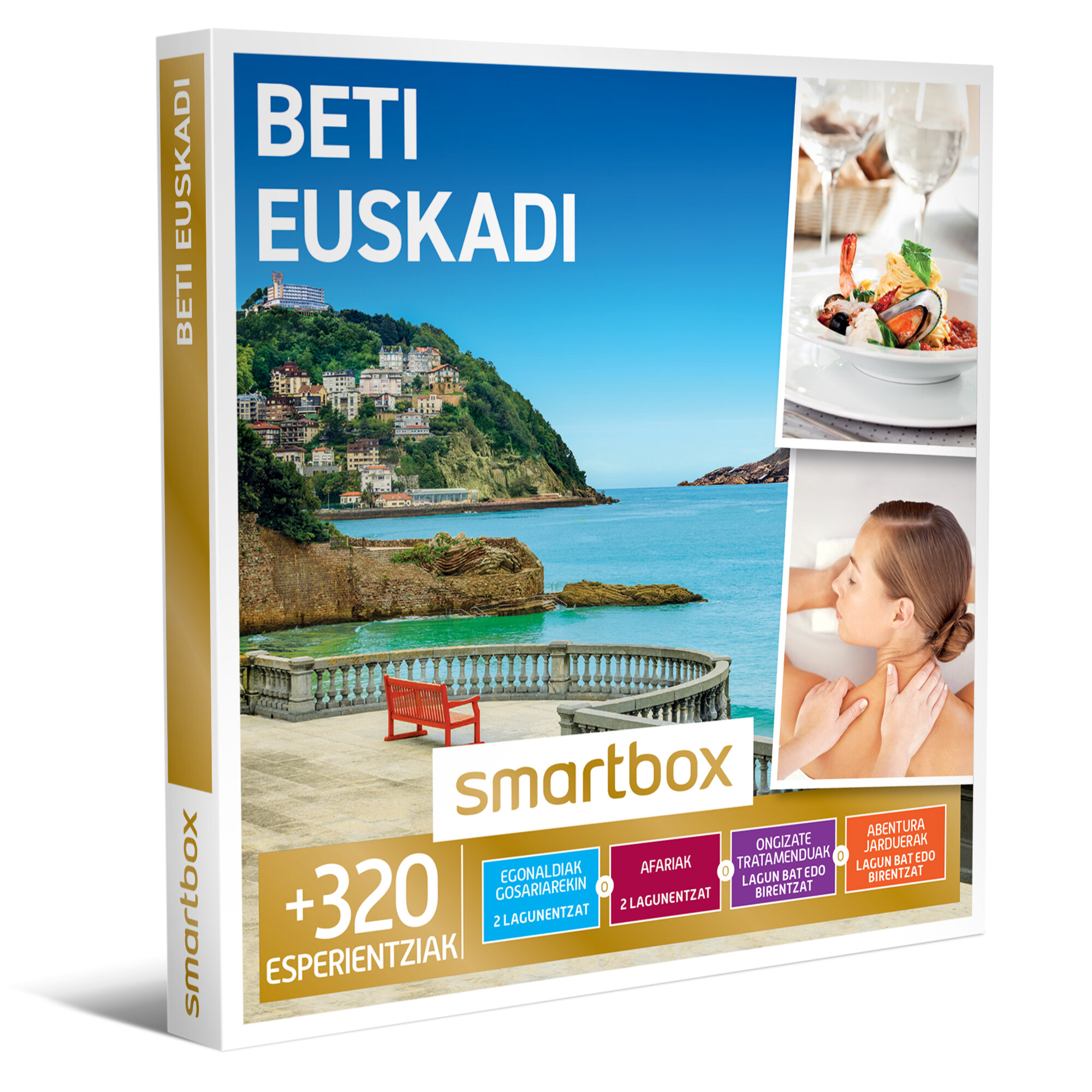 Caja con 'Beti Euskadi'. Incluye imágenes de comida, masajes y paisajes costeros. Texto: +320 Esperientziak, smartbox.