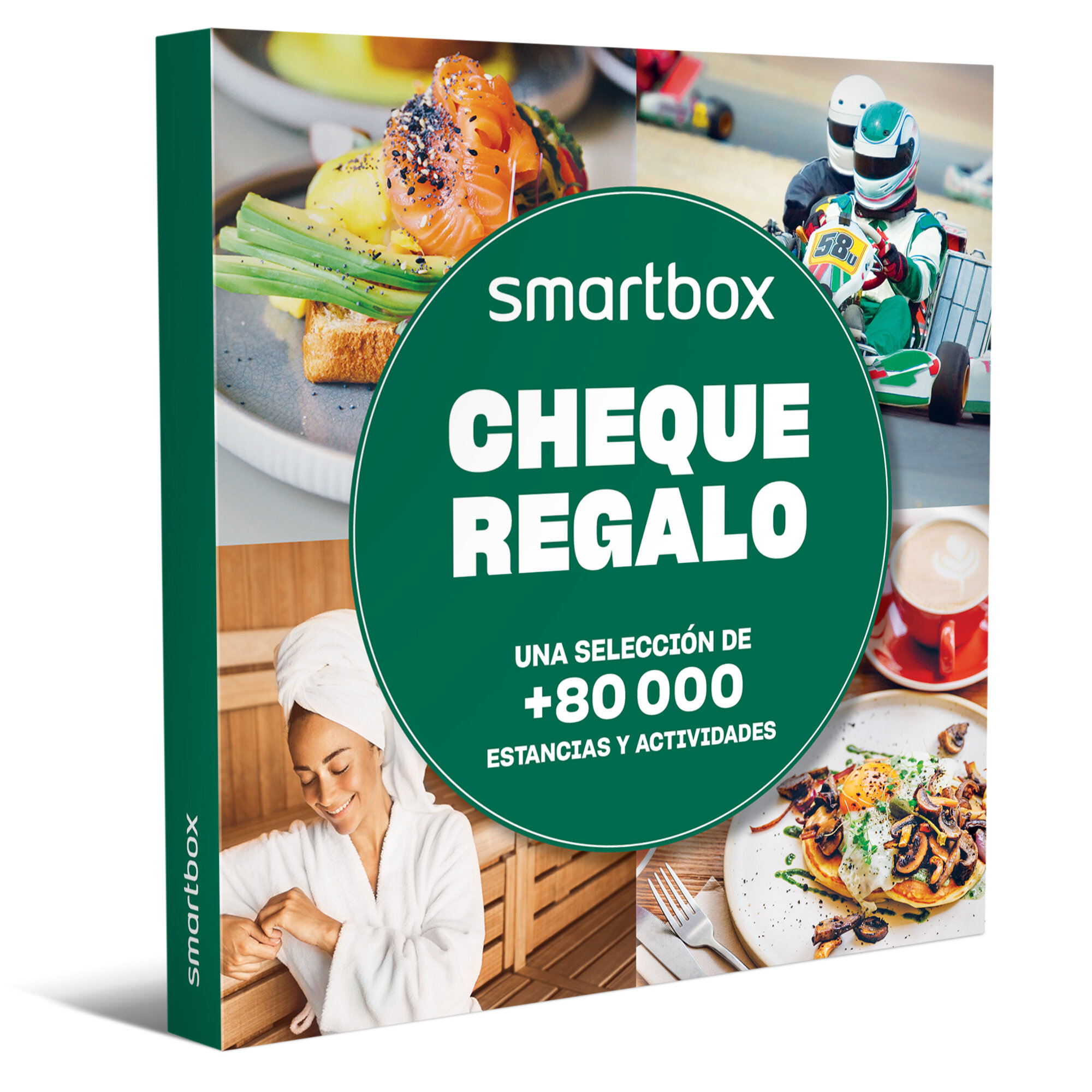 Caja de regalo con imágenes de comida y actividades. Se muestran sauna, karts y desayuno. Texto: CHEQUE REGALO, +80 000 experiencias.