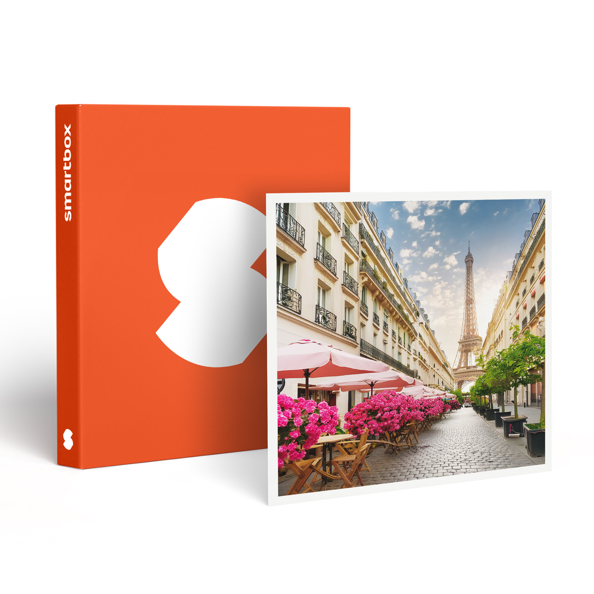 Escena parisina con la Torre Eiffel, cafés, flores rosas y Smartbox naranja. La escena es un día soleado.