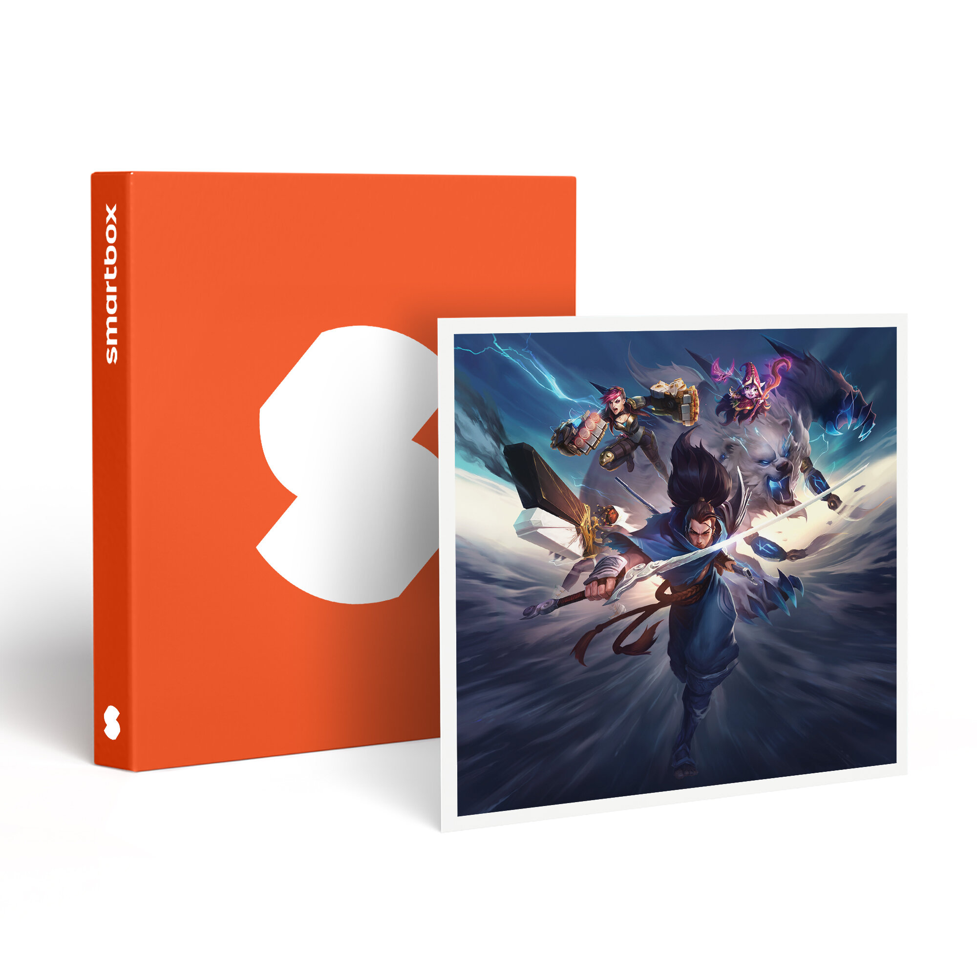Una caja naranja con un logotipo blanco junto a una imagen enmarcada de personajes de fantasía en acción, contra un cielo tormentoso.