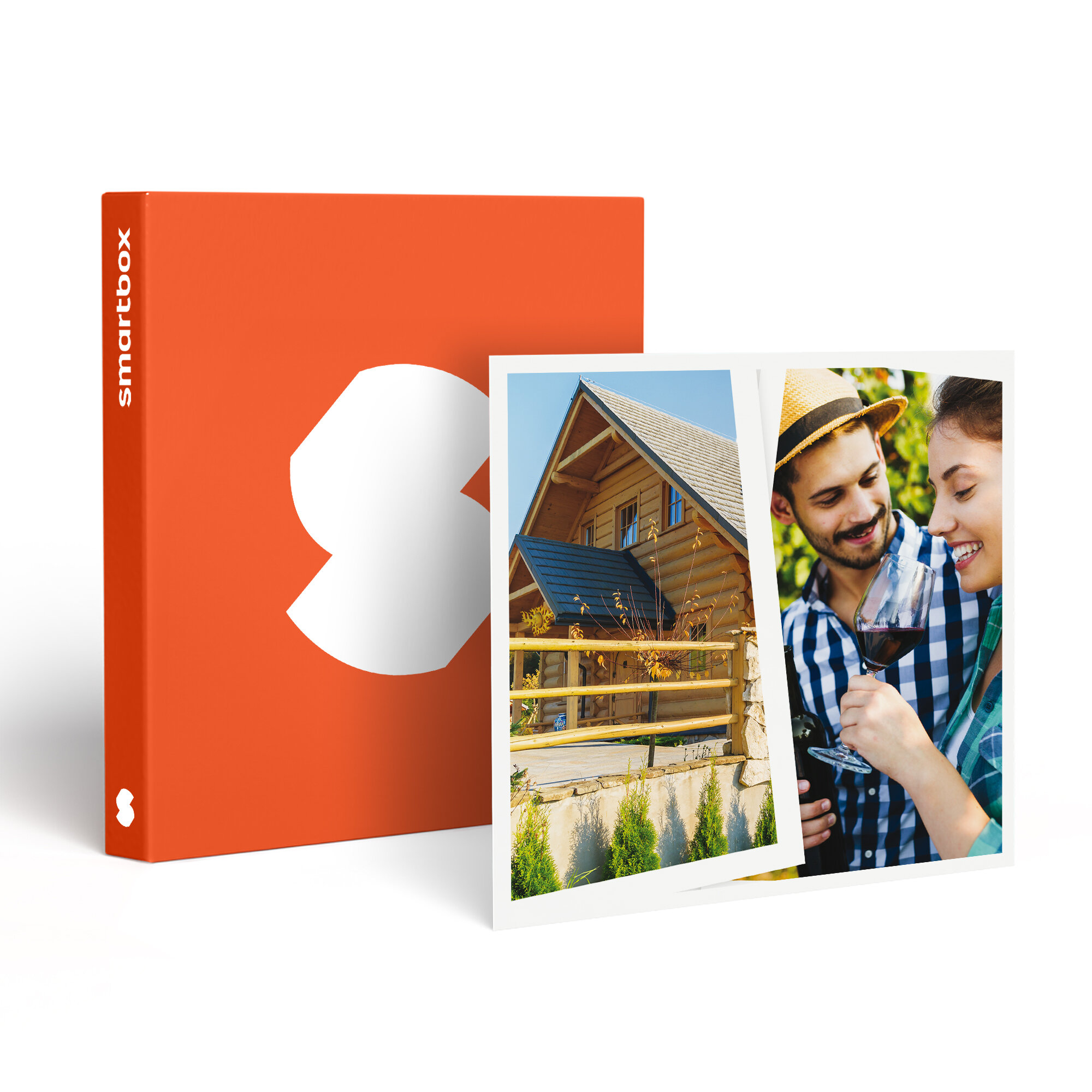Una Smartbox naranja con un diseño blanco. En la parte delantera hay imágenes de una casa de madera y personas bebiendo vino.