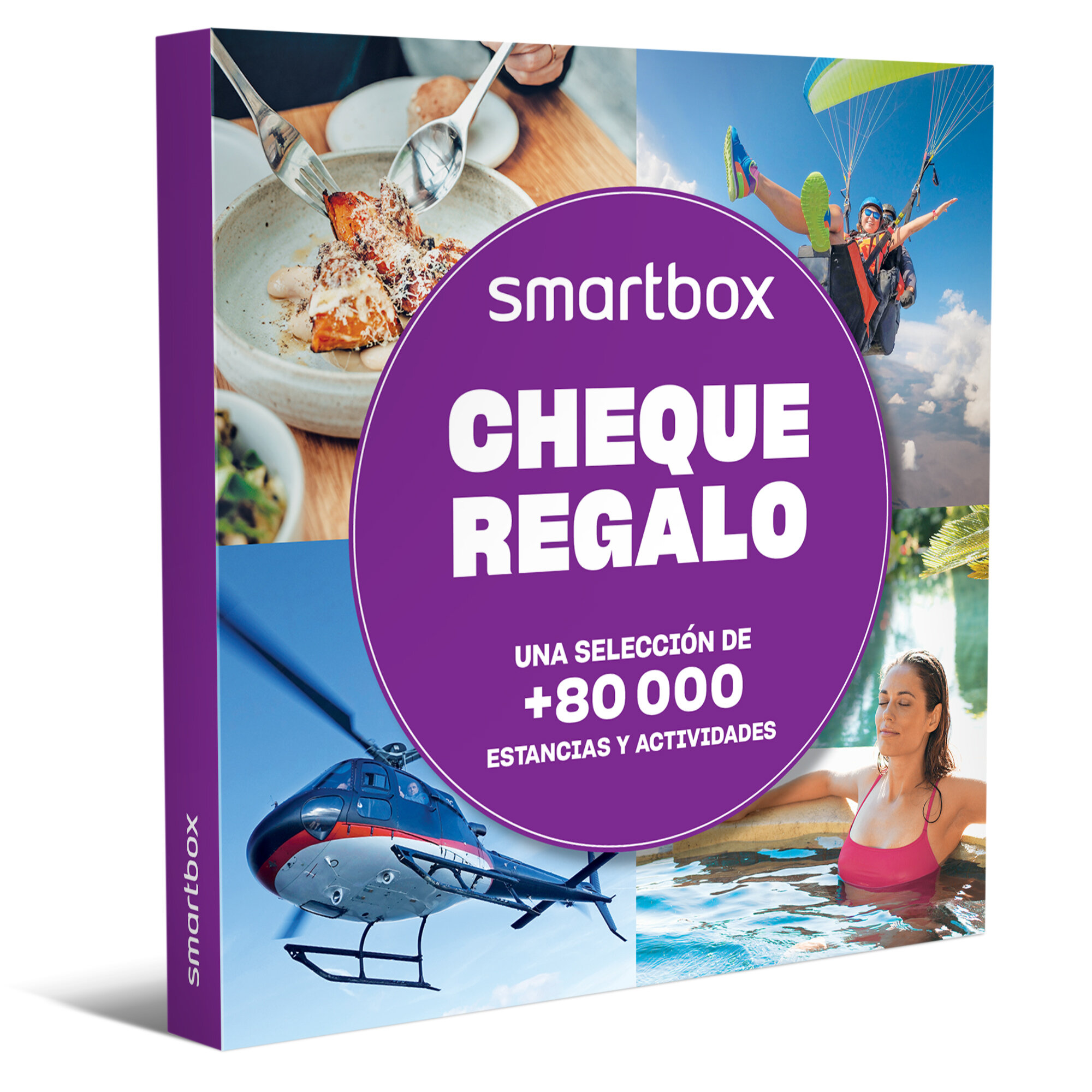 Caja de regalo Smartbox con imágenes de comida, parapente, helicóptero y spa. Círculo púrpura con "CHEQUE REGALO".