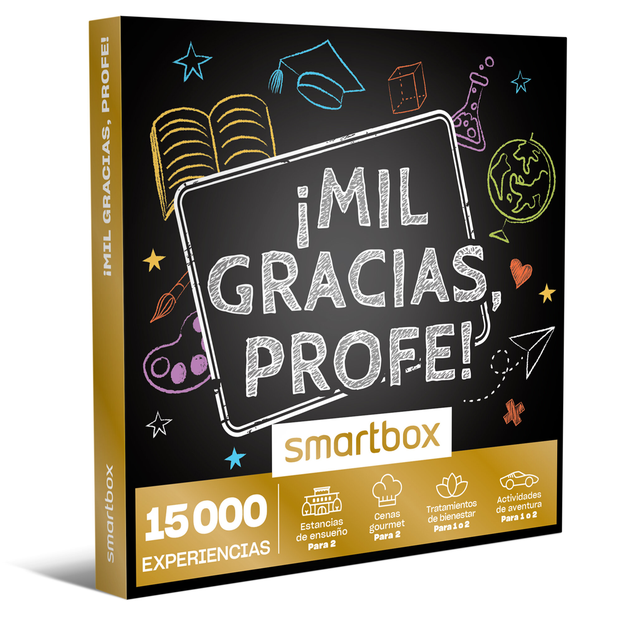 Caja con '¡MIL GRACIAS, PROFE!' y 'smartbox'. Incluye dibujos de un gorro de graduación, un globo terráqueo y otros iconos.