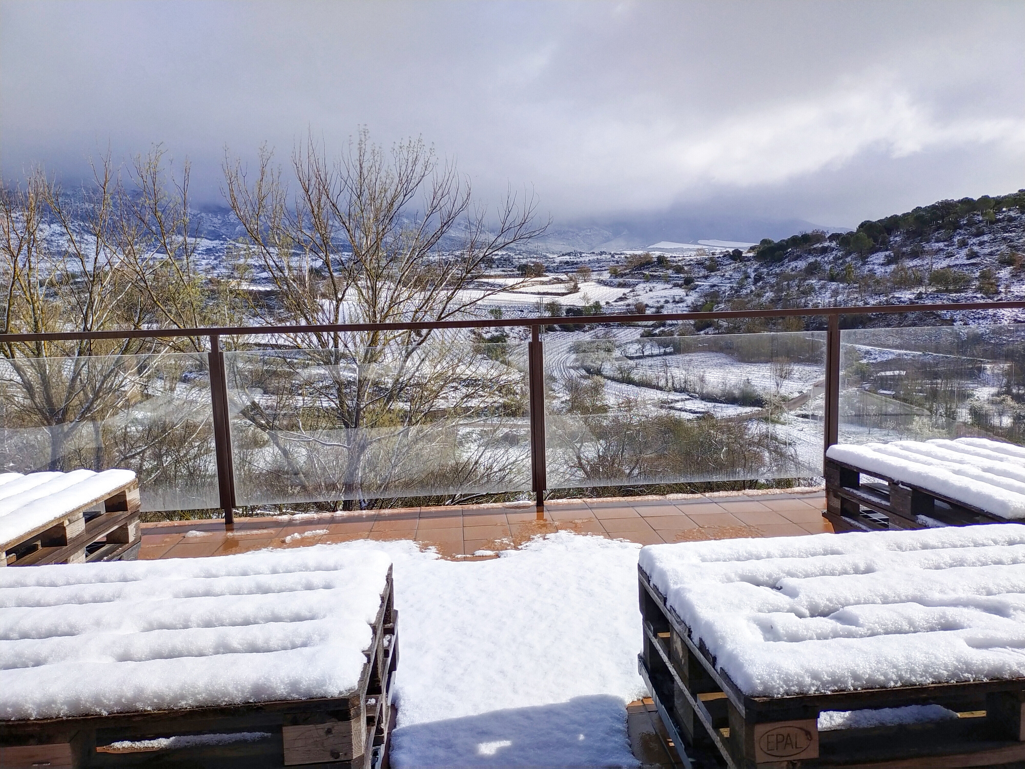 Paisaje nevado con palés de madera cubiertos de nieve en una terraza. Árboles desnudos y montañas al fondo bajo un cielo nublado.