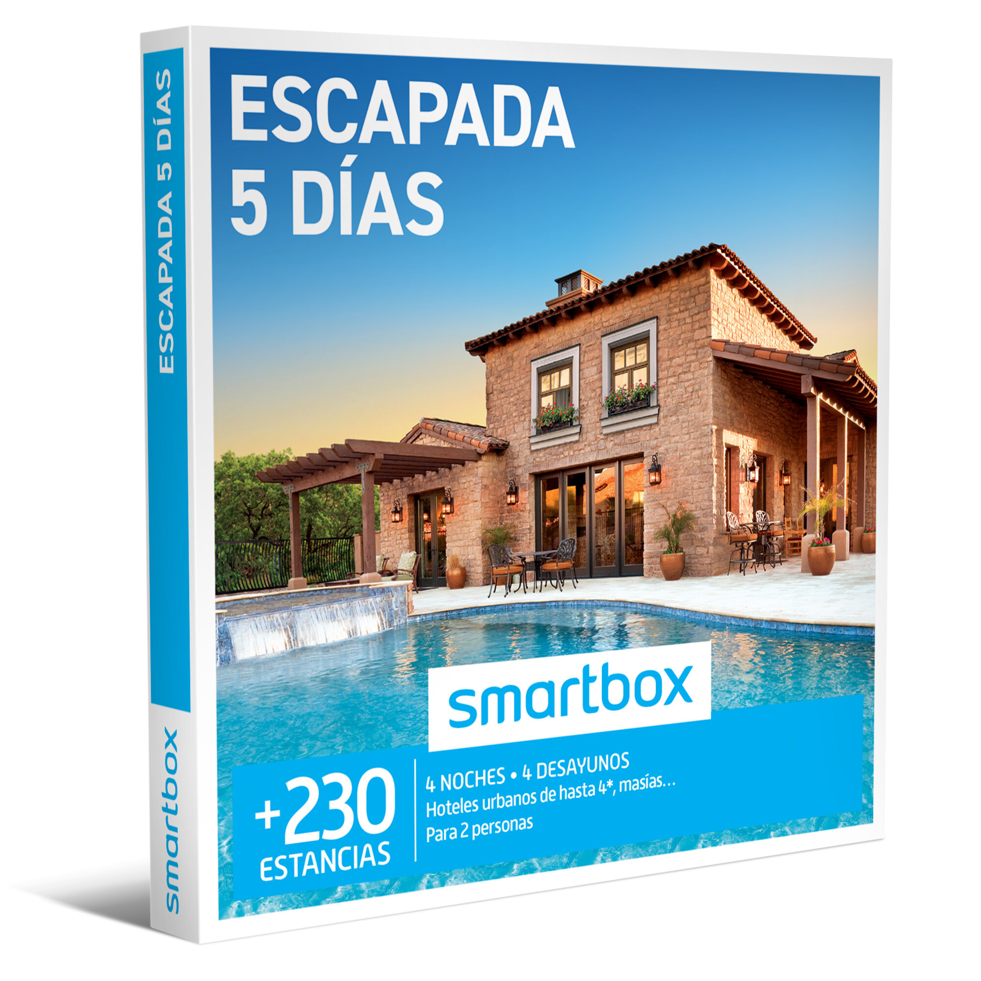 Caja con imagen de casa con piscina. Texto: Escapada 5 Días, smartbox, +230 estancias, 4 noches, 4 desayunos, para 2 personas.