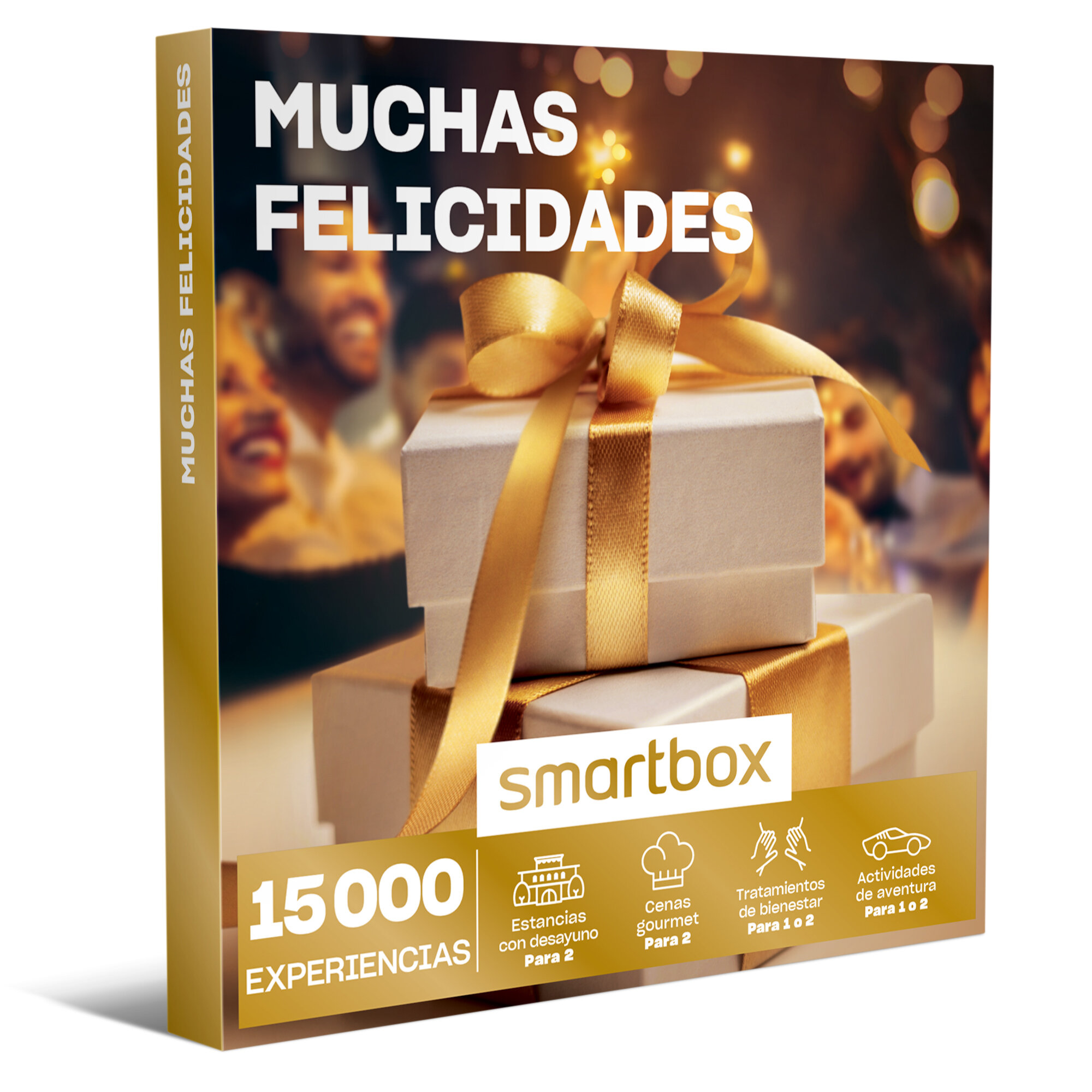 Caja de regalo con cinta dorada. Texto: Muchas Felicidades, Smartbox, 15000 experiencias y tipos de actividades.