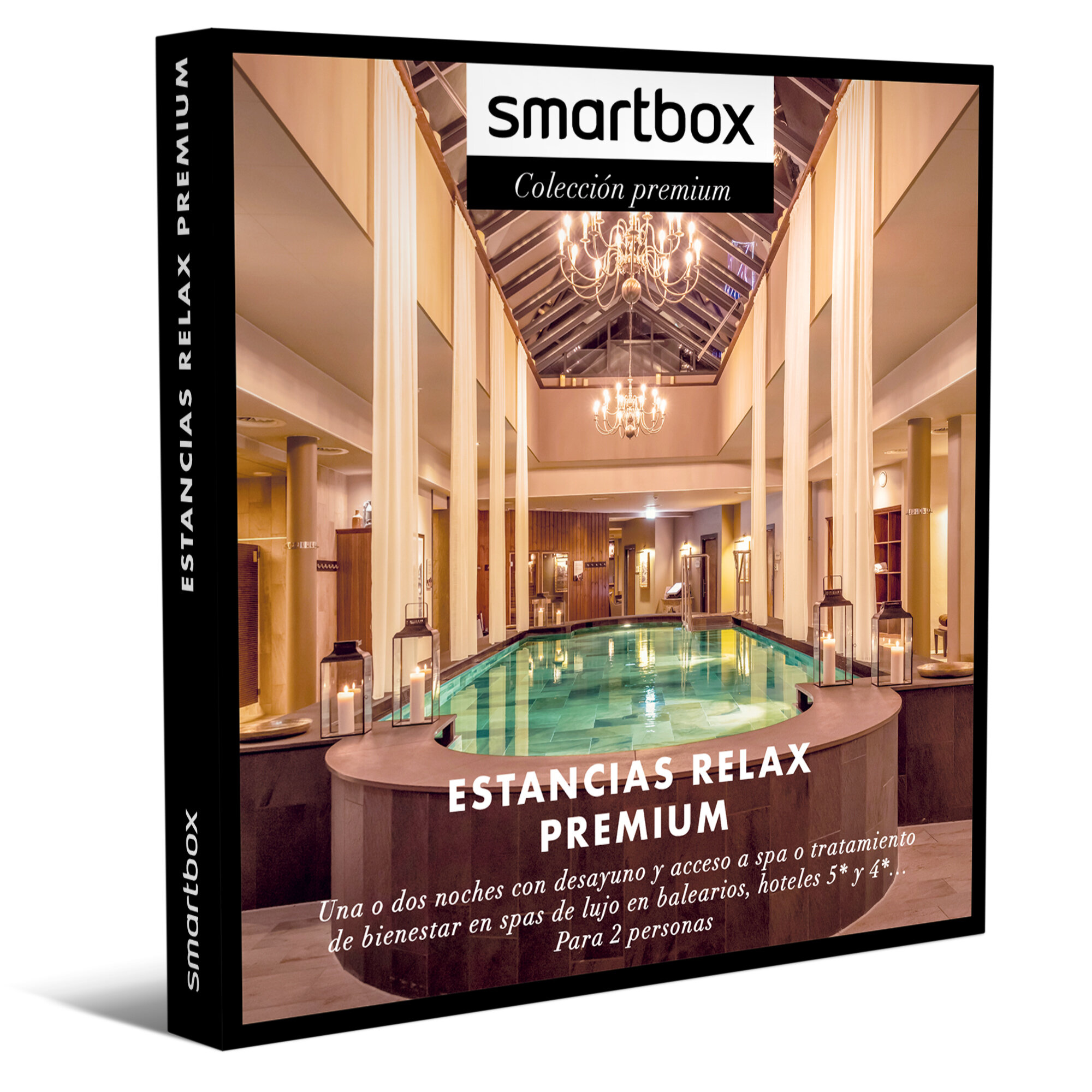 Portada de Smartbox con escena de spa. Se ve una piscina, velas y una lámpara de araña. Texto en español promueve la relajación.