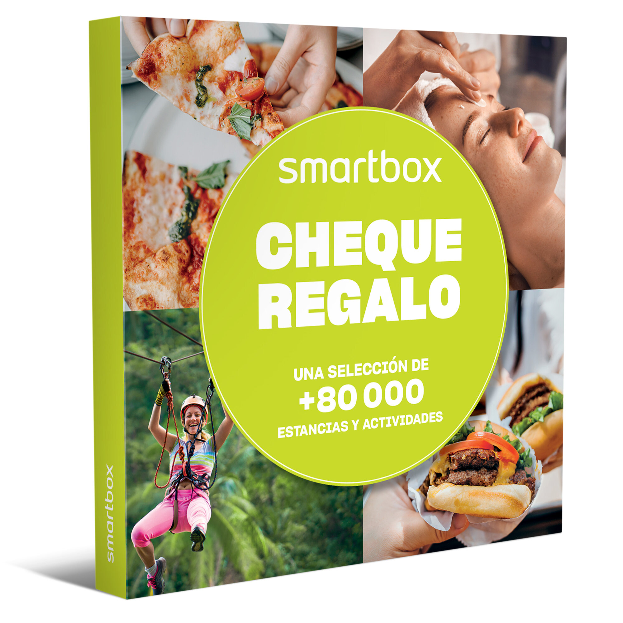 Caja de regalo con imágenes de pizza, tratamiento de spa, tirolesa y hamburguesas. Texto: Smartbox CHEQUE REGALO. Una selección de +80000 estancias y actividades.