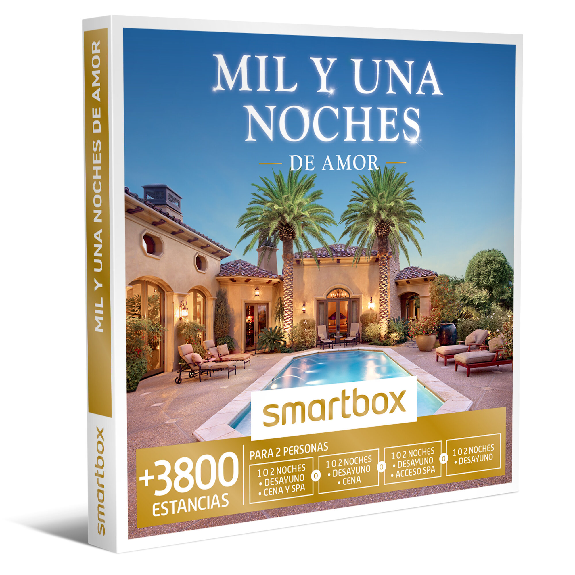 Caja con texto 'Mil y Una Noches de Amor' y foto de casa con piscina, palmeras y logo 'smartbox'.