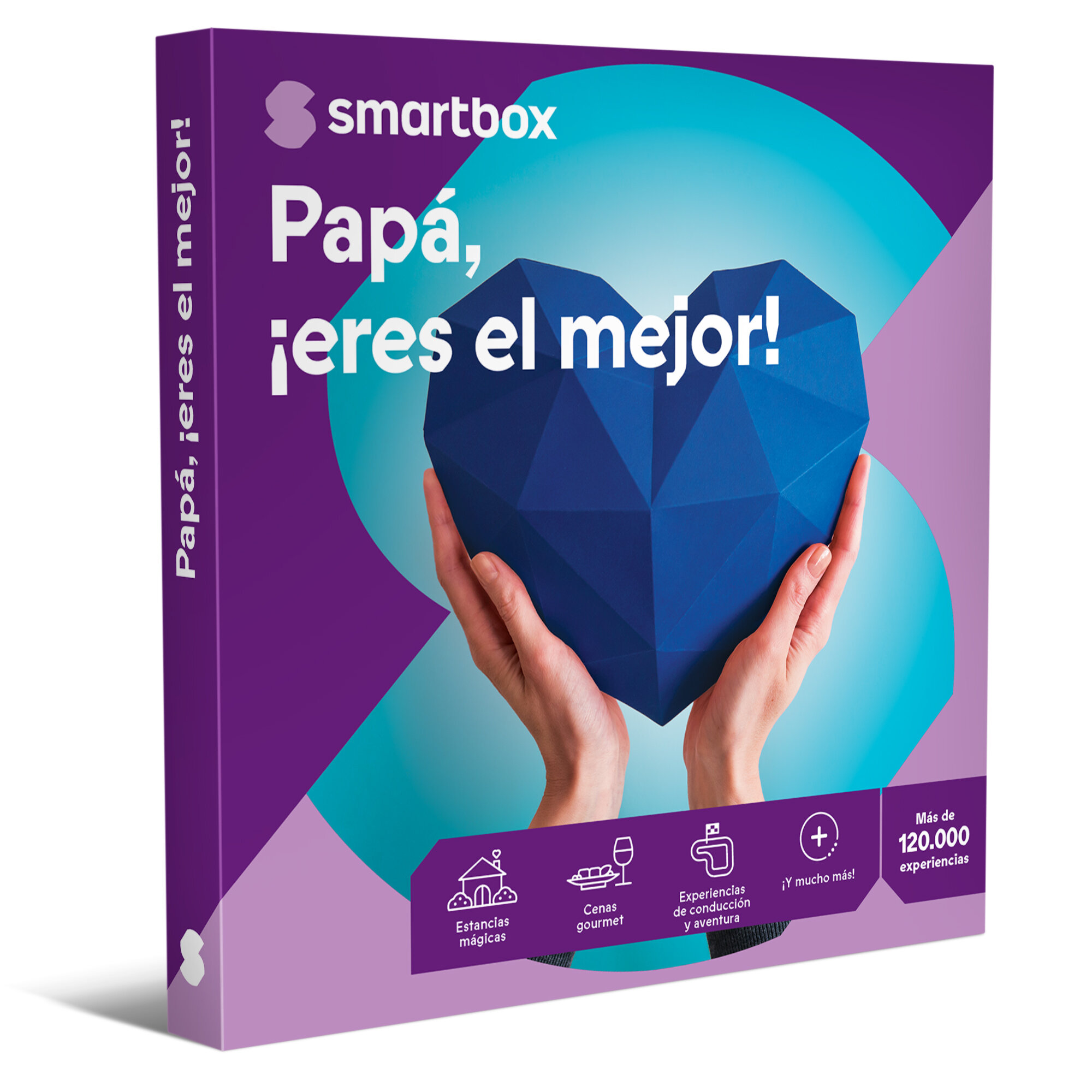 Caja con corazón azul en manos. Texto: '¡Papá, eres el mejor!'. Fondo morado y azul.