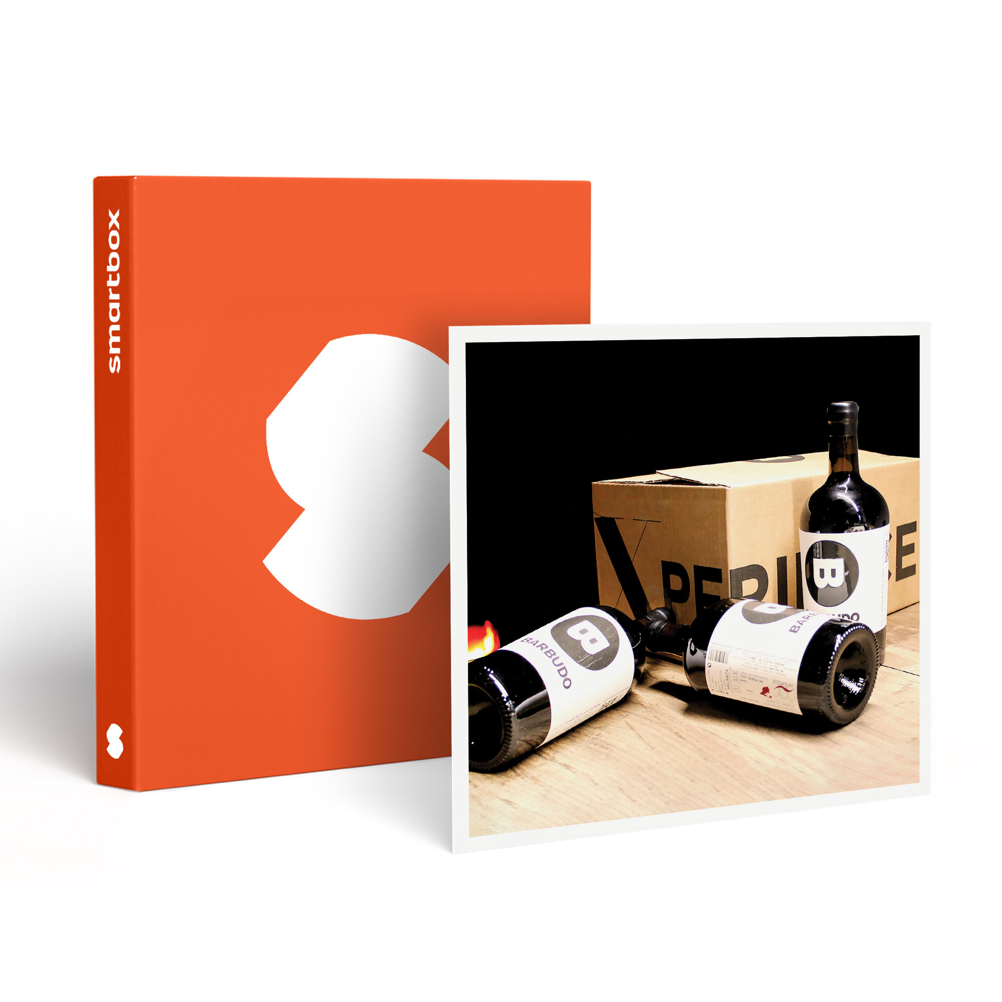 Una caja naranja con un logotipo blanco y una imagen enmarcada que muestra botellas de vino y una caja.