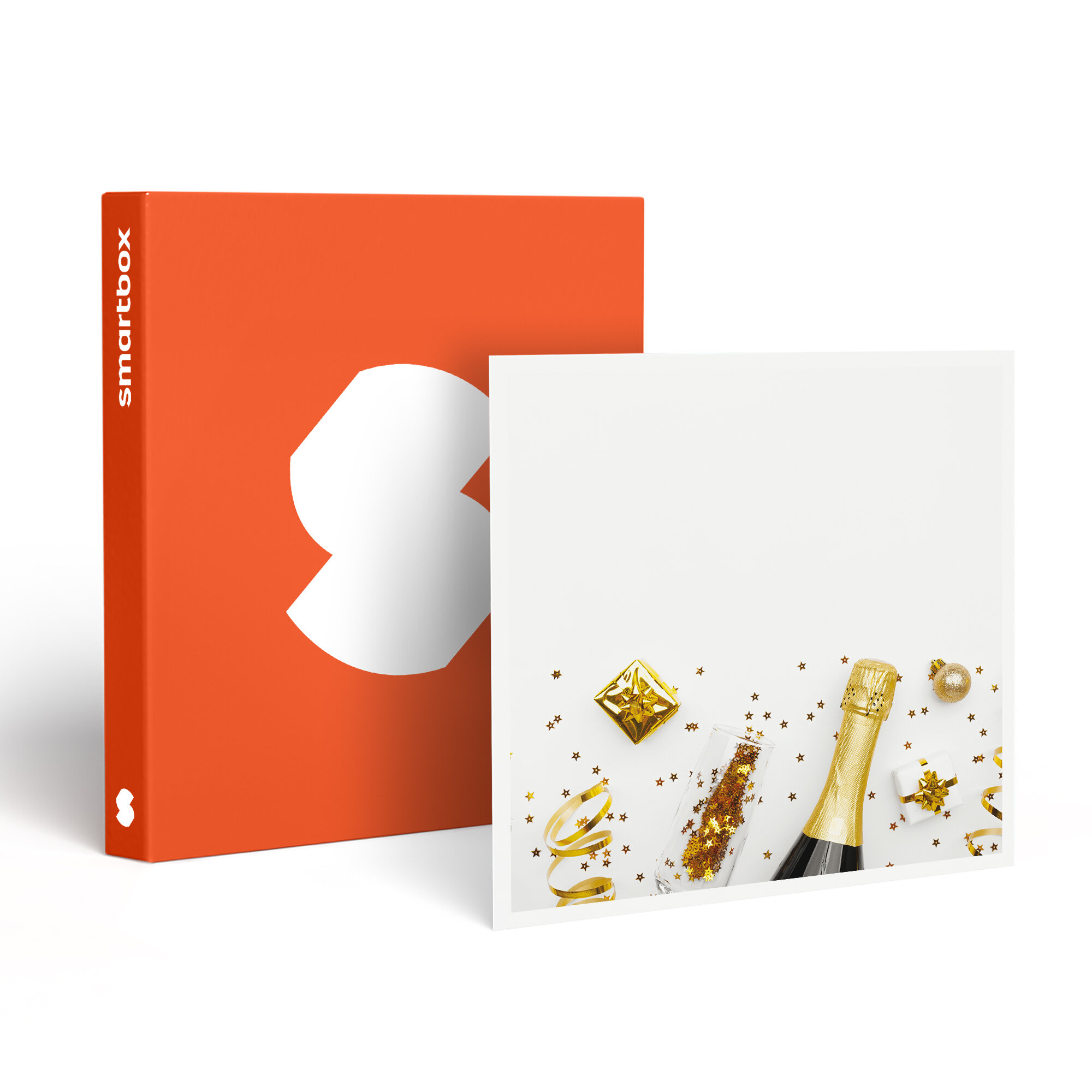 Caja naranja con logo blanco. Botella de champán, copa y confeti dorado sobre fondo blanco. Decoraciones de fiesta.