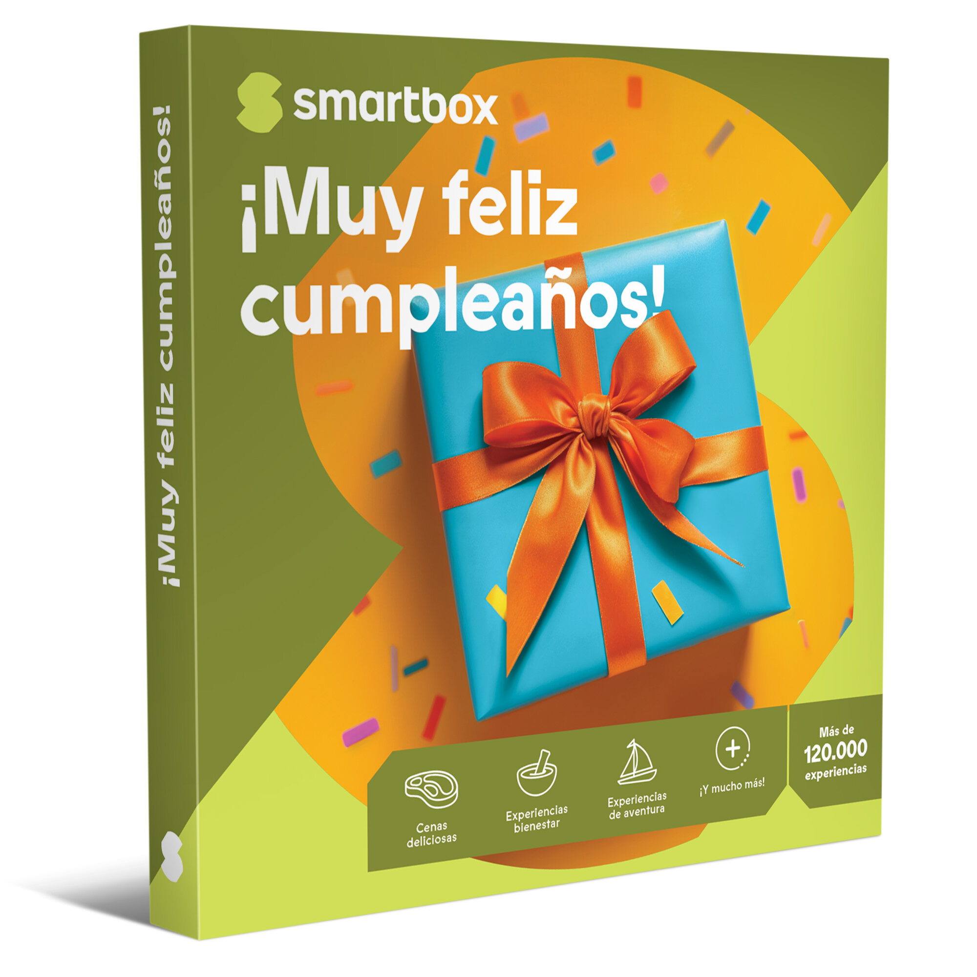 Una caja de regalo con un regalo azul y una cinta naranja. El texto dice: '¡Feliz cumpleaños!'
