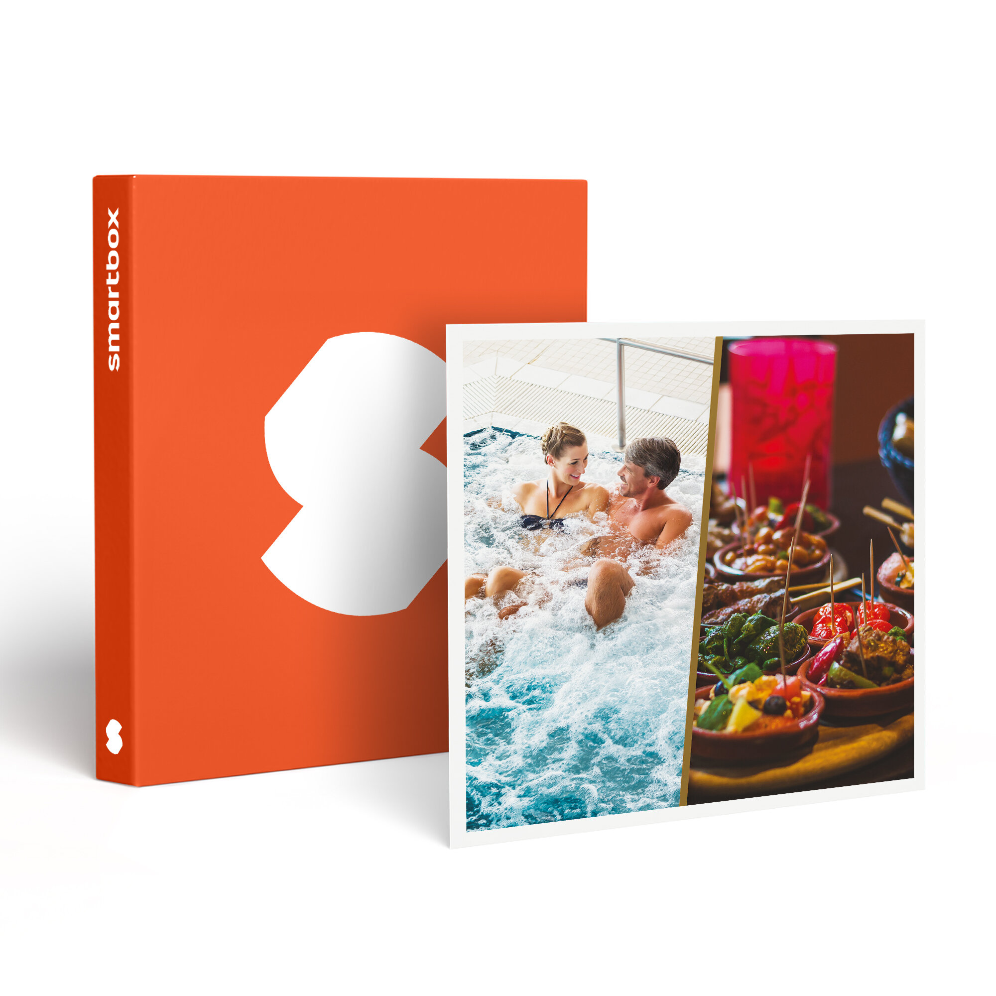 Imagen con una caja y una foto. La foto muestra una pareja en un jacuzzi y tapas en cuencos pequeños.