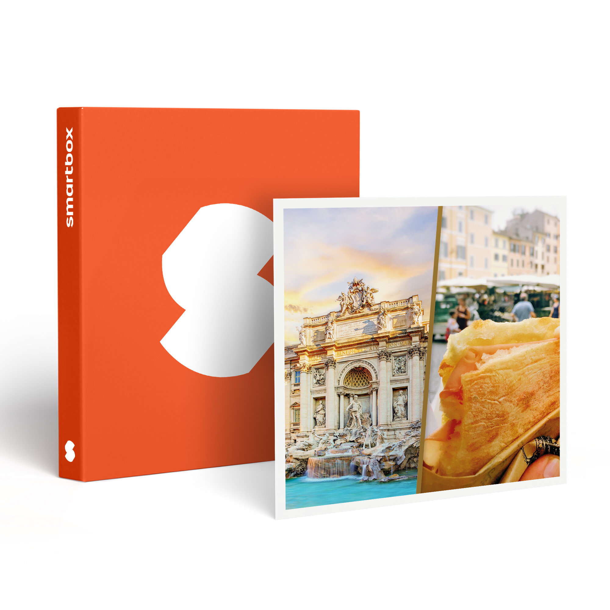 Imagen con una caja, una foto de la Fontana de Trevi y un sándwich.