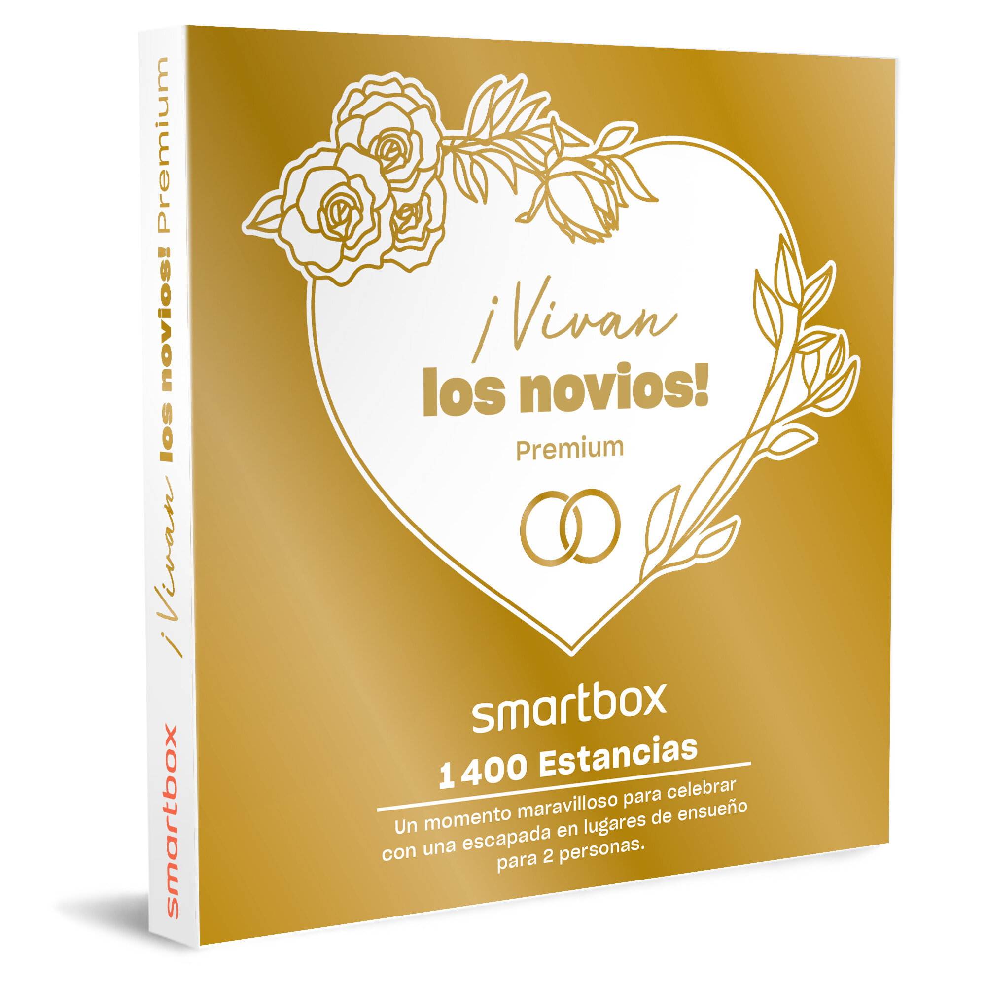 Una Smartbox dorada para 'Vivan los novios!' con texto blanco y diseño de corazón, rosas y anillos. Ofrece 1400 estancias.