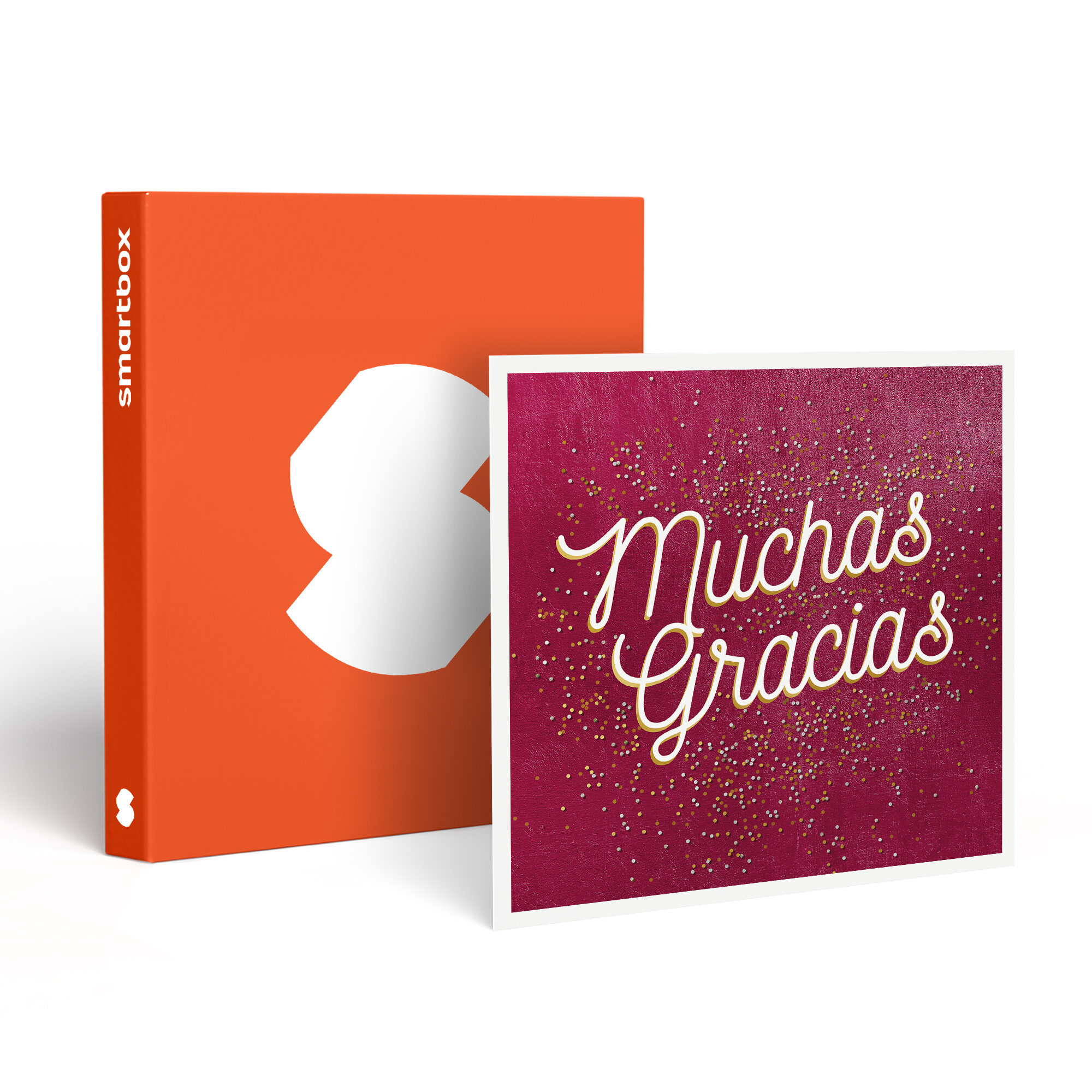 Una Smartbox naranja junto a una tarjeta con 'Muchas Gracias' en cursiva sobre fondo borgoña con puntos.