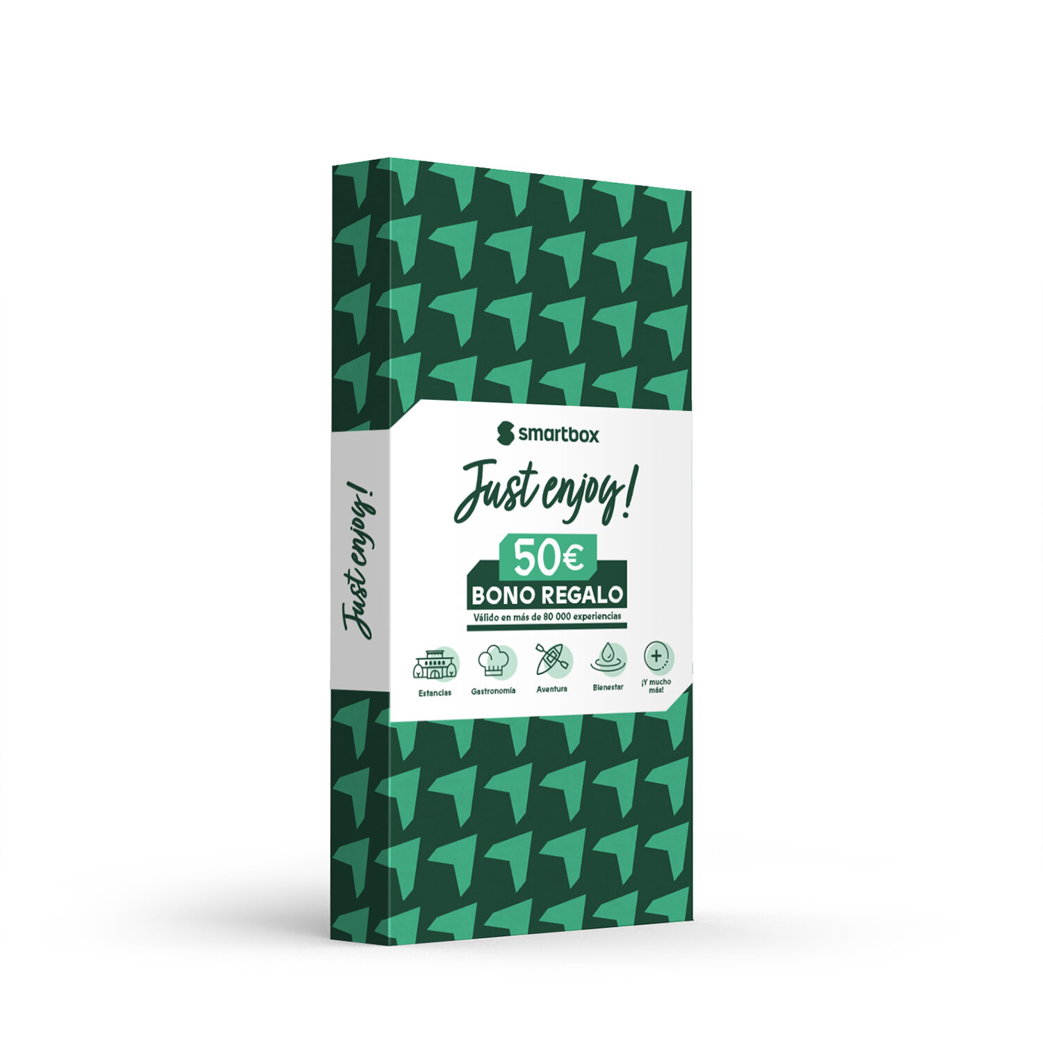 Una caja de regalo Smartbox con 'Just enjoy!'. Tiene un patrón verde. La caja ofrece experiencias como estancias y gastronomía.