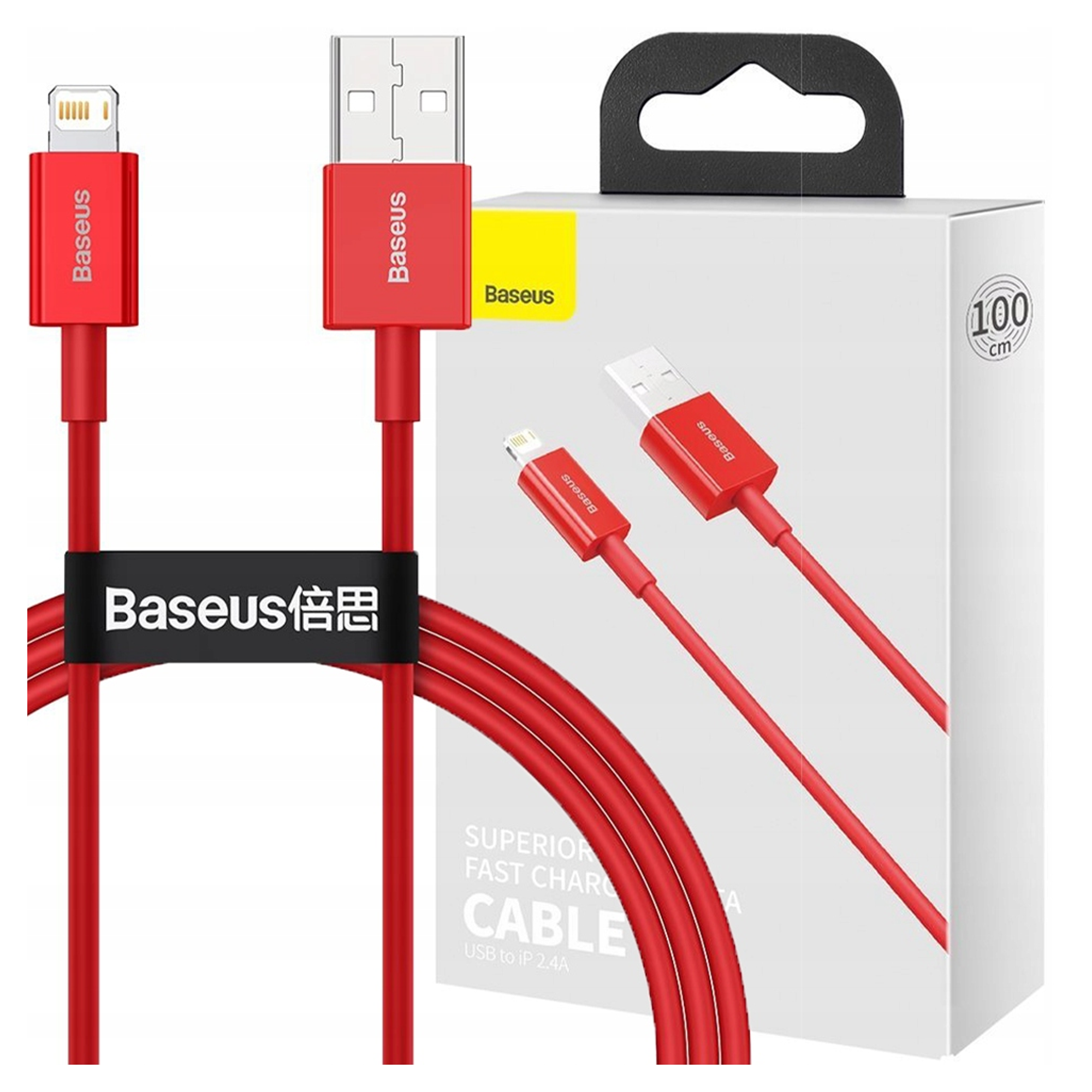 Rode Baseus oplaadkabel met Lightning- en USB-connectoren. De kabel is opgerold bij een witte doos met Baseus-merk.