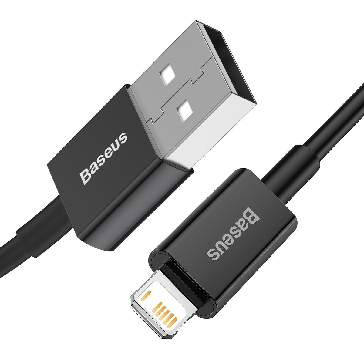 Czarne kable ładujące Baseus z wtyczką USB i wtyczką Lightning na białym tle.