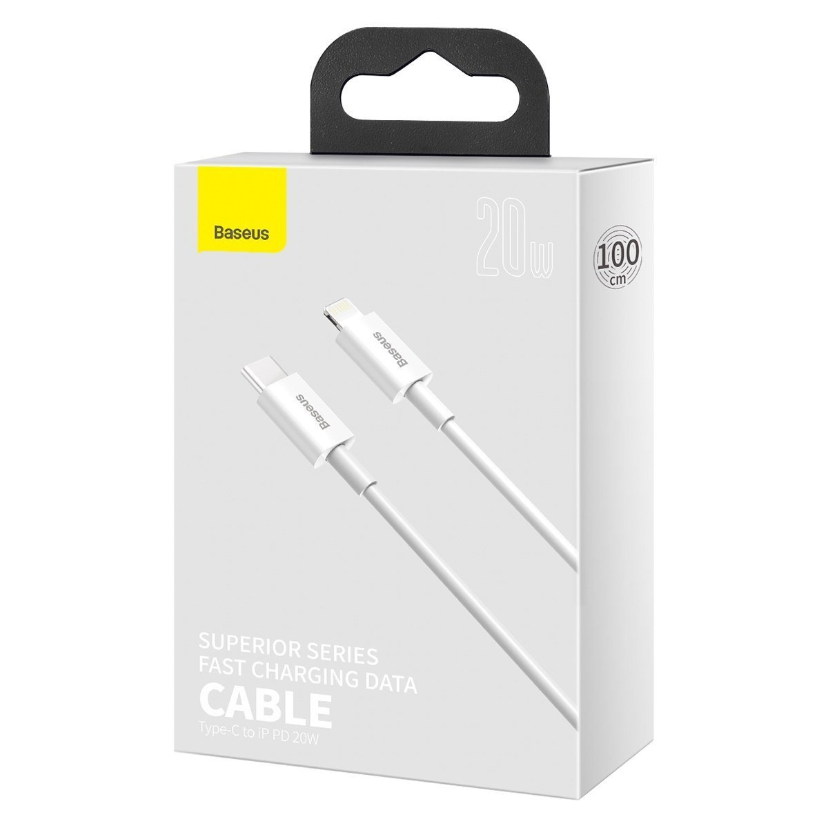 Białe pudełko z czarnym uchwytem pokazuje kabel ładujący. Na pudełku napis Baseus, Superior Series, Fast Charging Data Cable, Type-C to iP PD 20W.