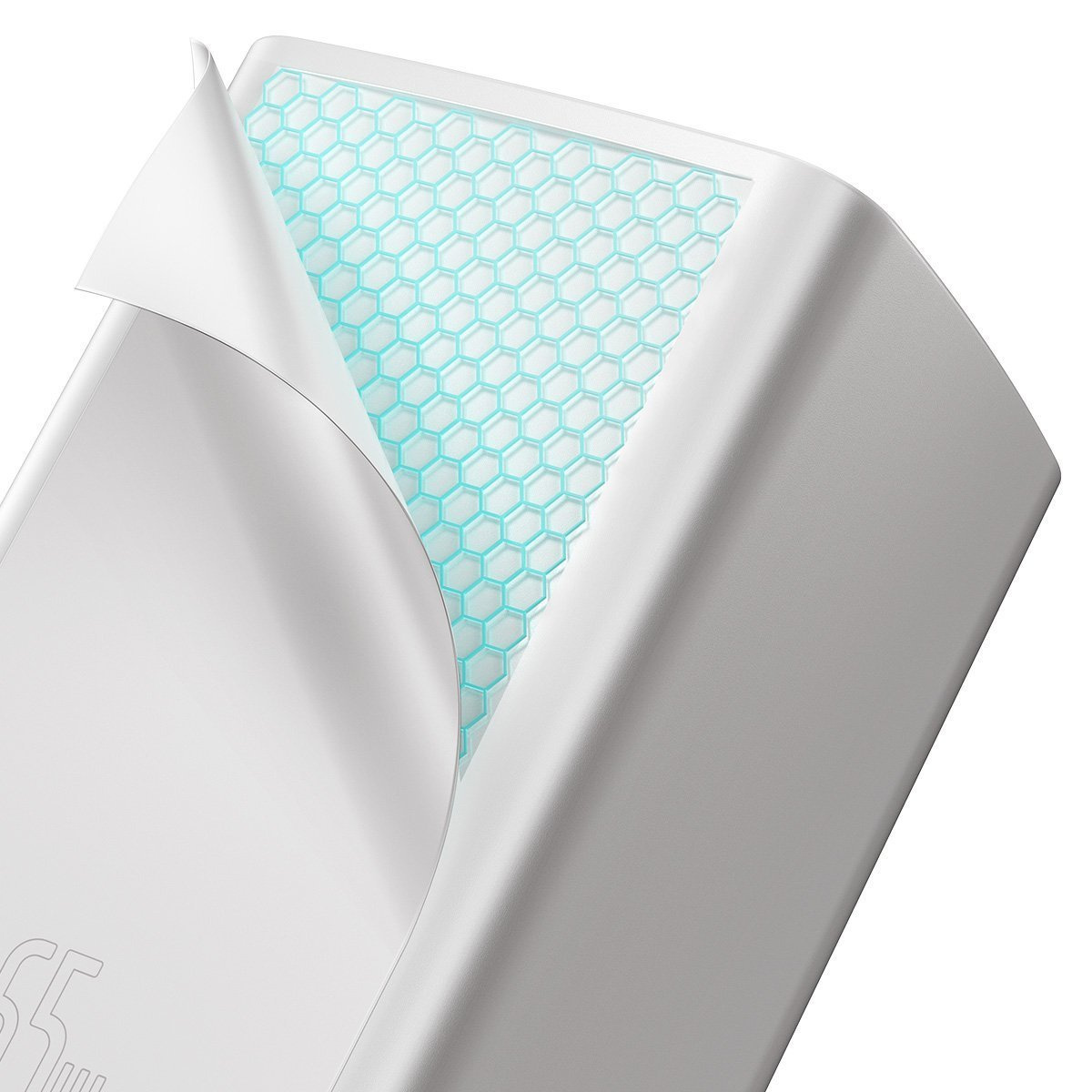 Białe urządzenie z niebieskim wzorem plastra miodu widocznym pod odklejoną warstwą. Urządzenie znajduje się na białym tle.