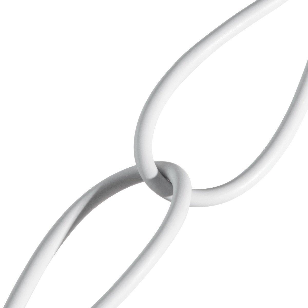 Due maglie di catena bianche intrecciate su sfondo bianco. Le maglie sono lisce e curve, creando un design semplice ed elegante.