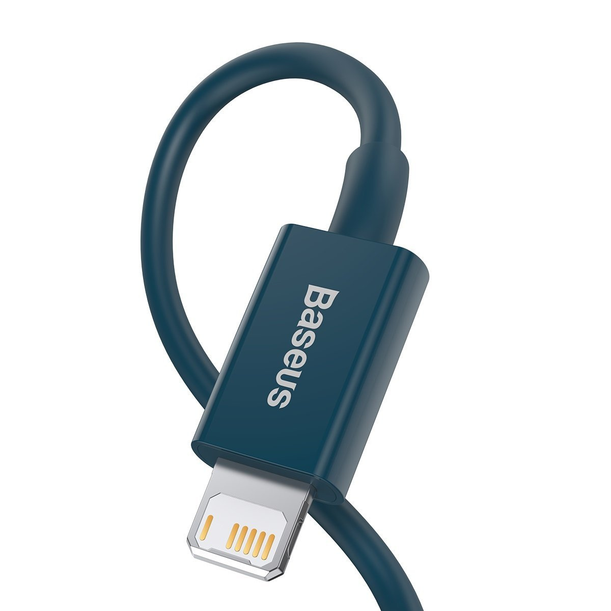 Un cavo di ricarica Baseus blu scuro, con connettore Lightning su sfondo bianco. Il cavo è ad anello.