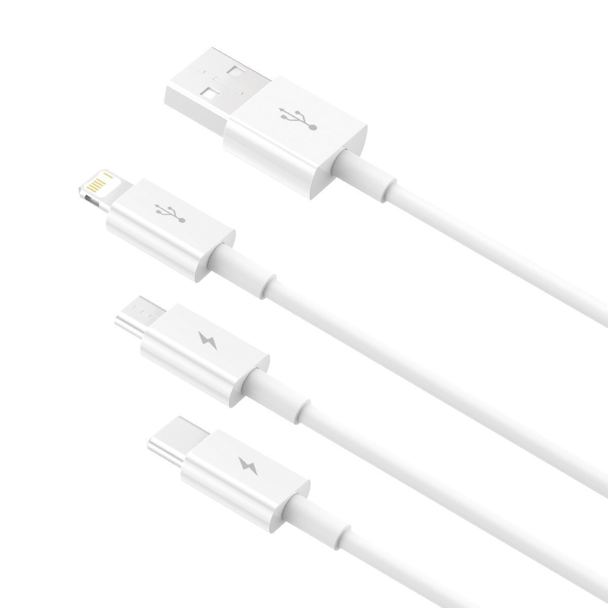 Witte USB-kabels met verschillende connectoren: USB-A, Lightning, Micro-USB en USB-C, diagonaal geplaatst op een witte achtergrond.