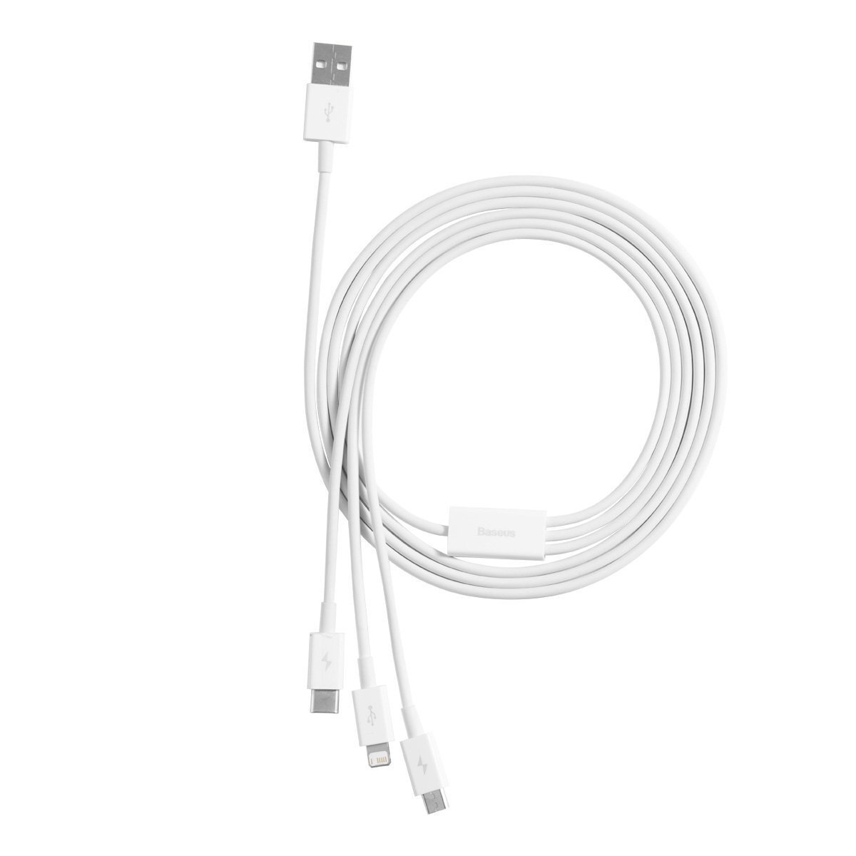 Een witte Baseus oplaadkabel met meerdere connectoren: USB, USB-C, Lightning en Micro-USB. De kabel is in een cirkel opgerold.