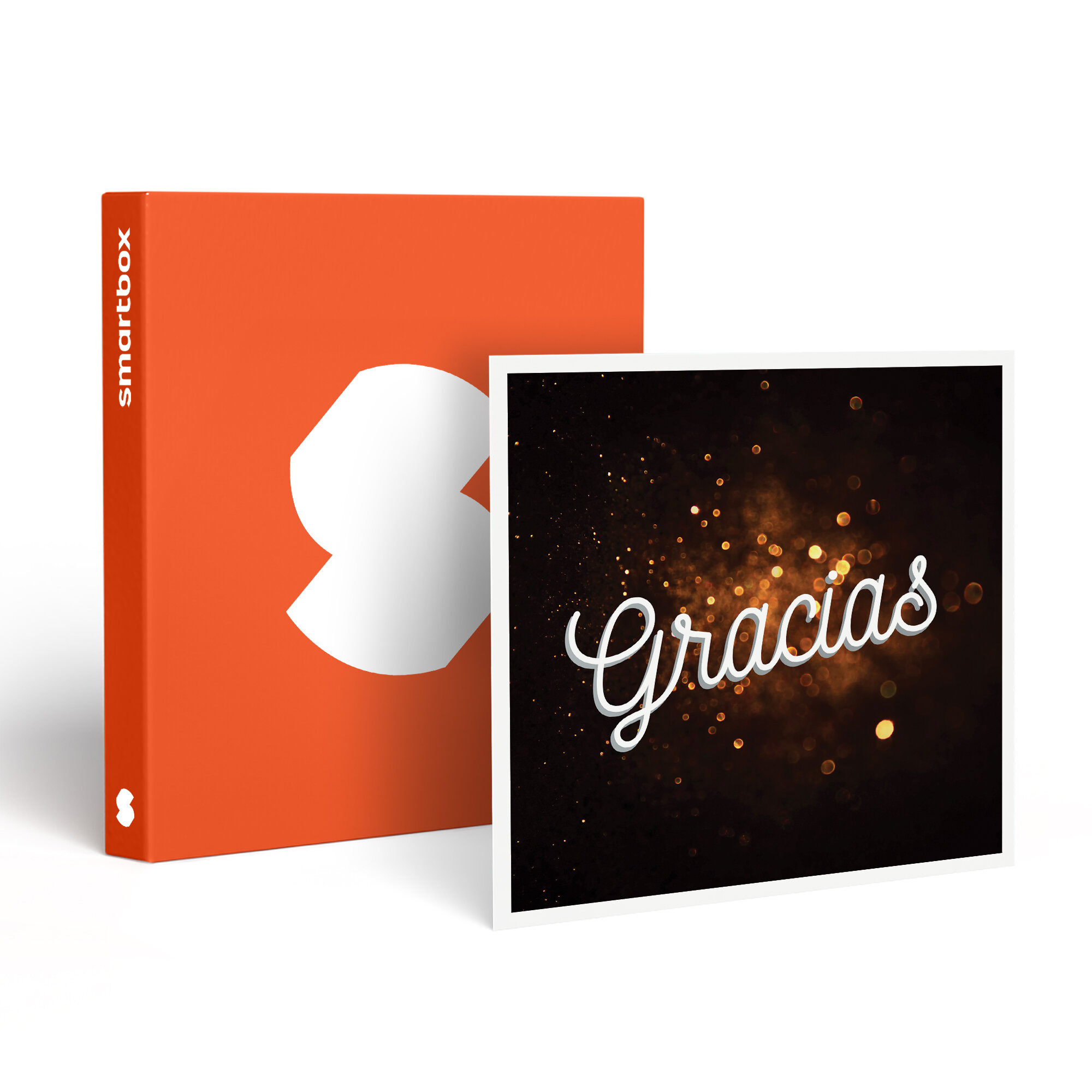 Una Smartbox naranja con un logo blanco y una tarjeta que dice 'Gracias' con un fondo oscuro con bokeh.