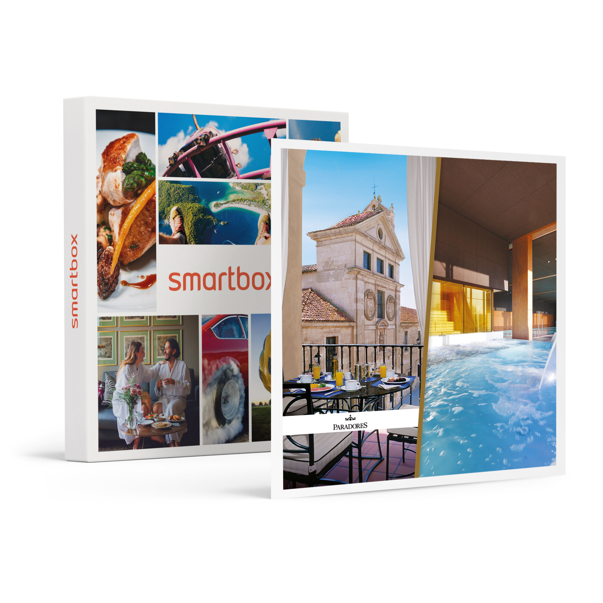 Portada de Smartbox con varias imágenes: comida, pareja, coche rojo, vista y piscina.