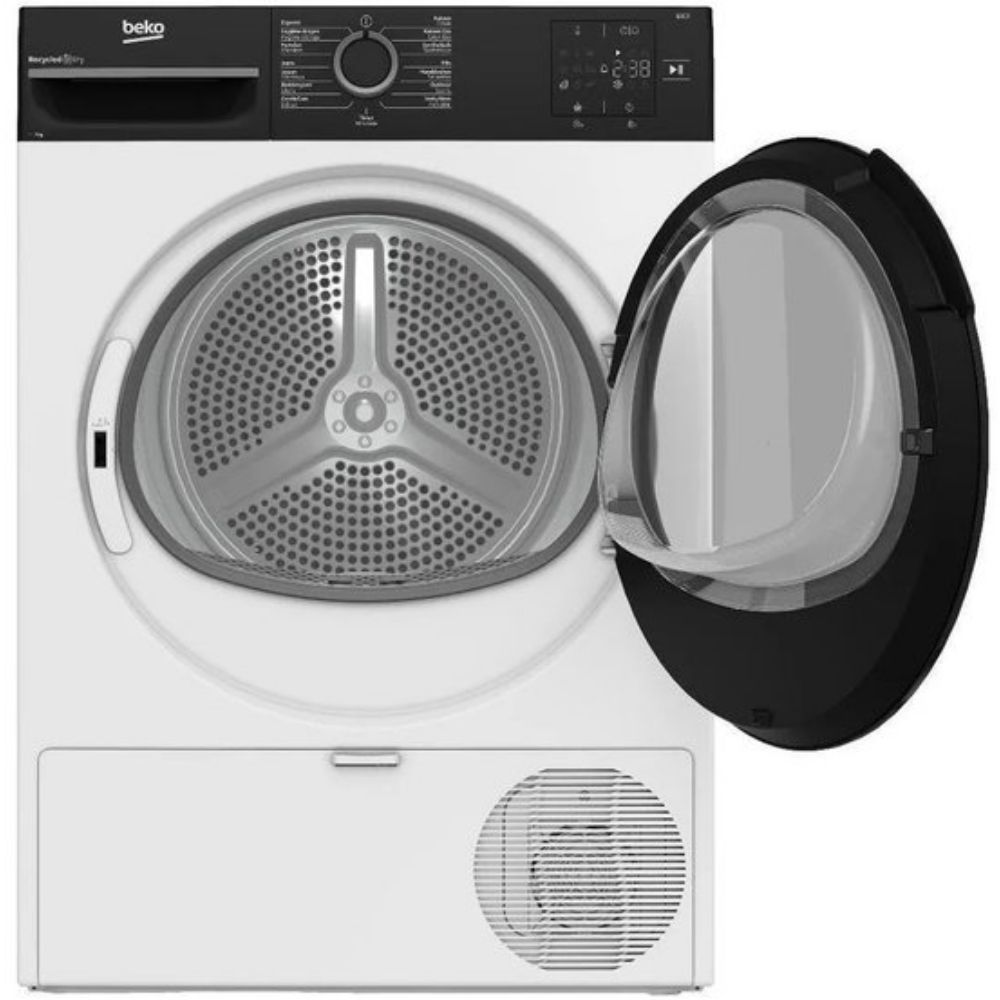 Een witte Beko-droger met een open zwarte deur. De trommel is zichtbaar. Het bedieningspaneel is zwart. De deur is transparant.
