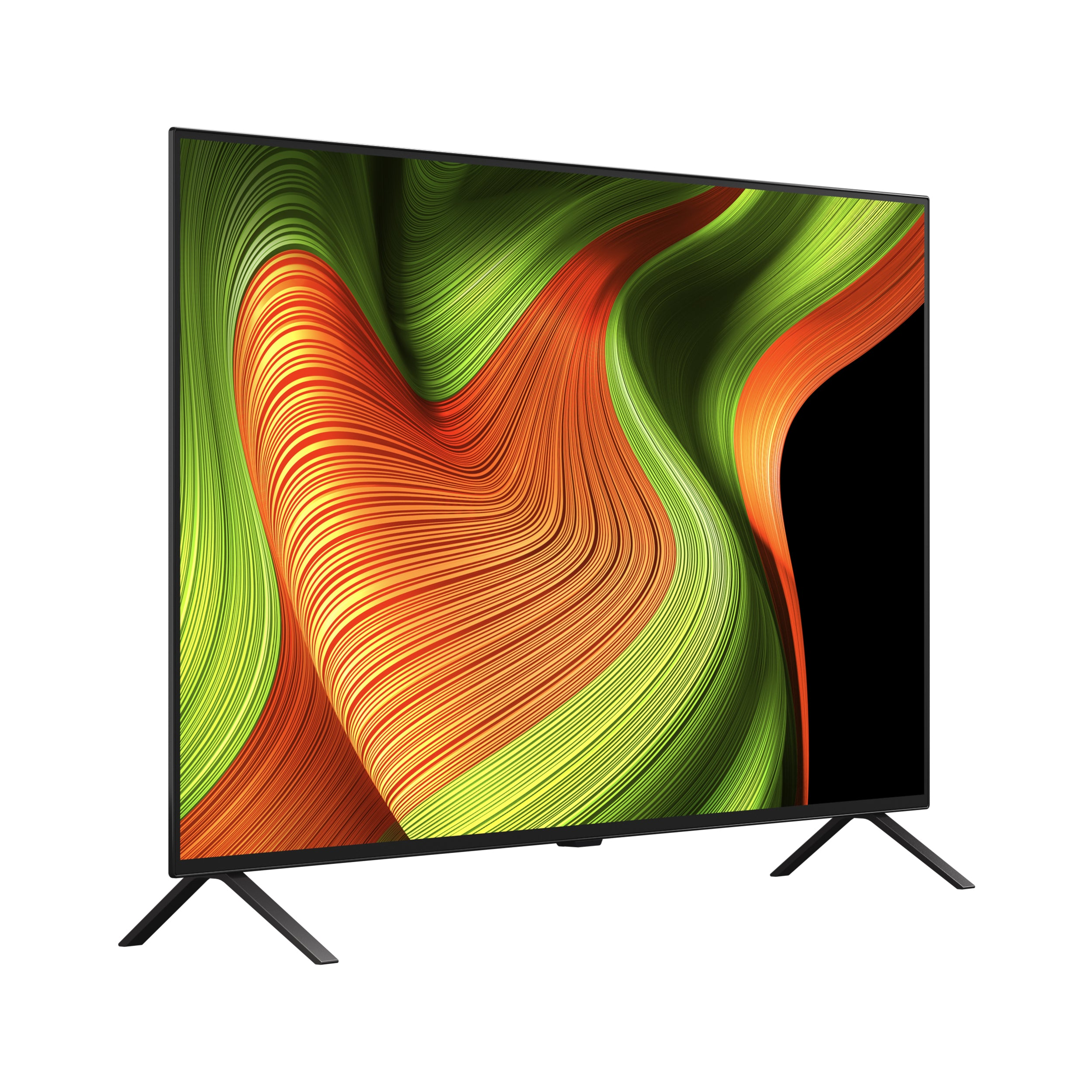 Un téléviseur à écran plat affiche un motif abstrait coloré de vert, orange et noir, avec des pieds noirs sur fond blanc.