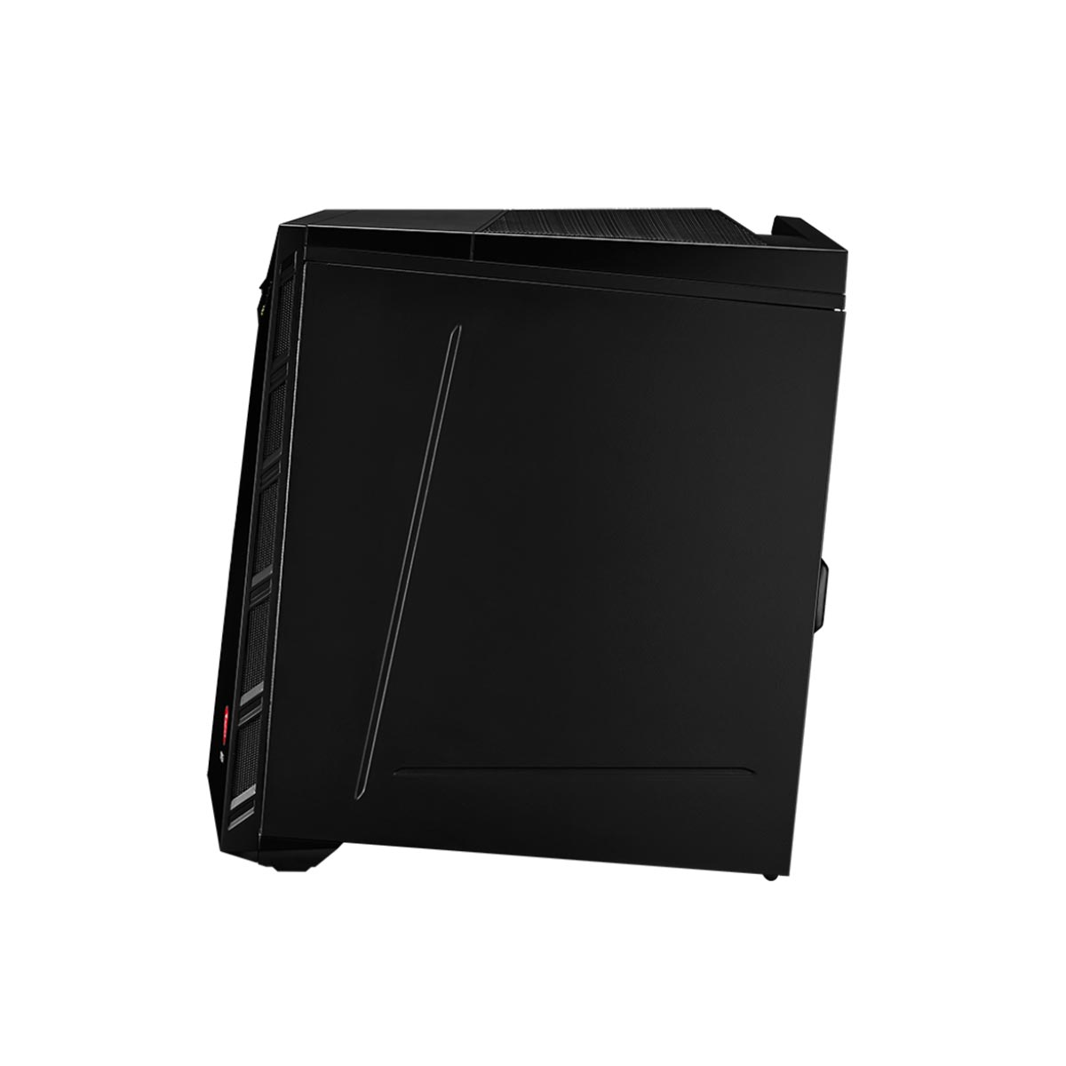 Czarna obudowa komputera, ustawiona pod kątem. Ma otwór wentylacyjny po lewej stronie i jest na białym tle.