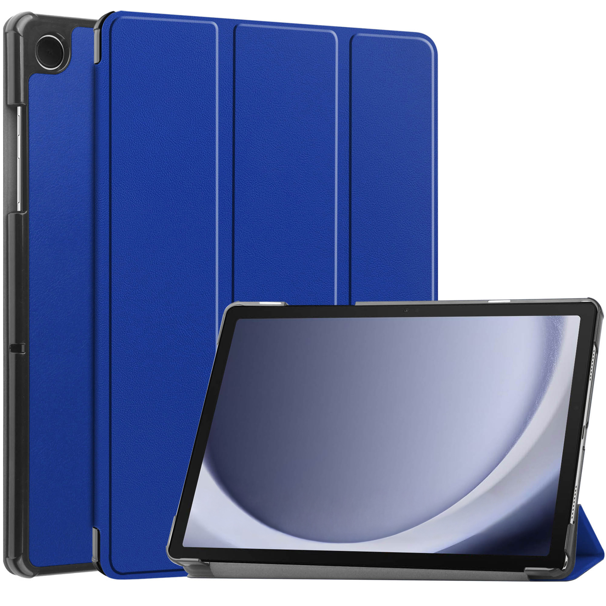 Tablette avec étui bleu. L'étui est ouvert, révélant l'écran de la tablette. Le fond est blanc.