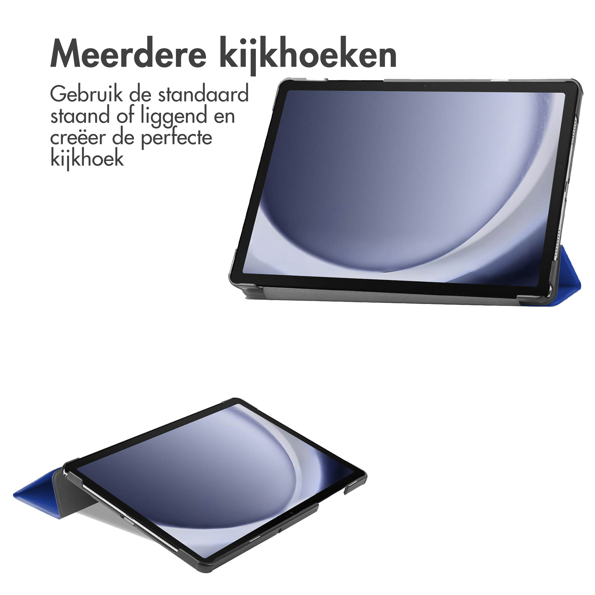 Deux tablettes sur fond blanc, une sur un support bleu, l'autre à plat. Texte en néerlandais.