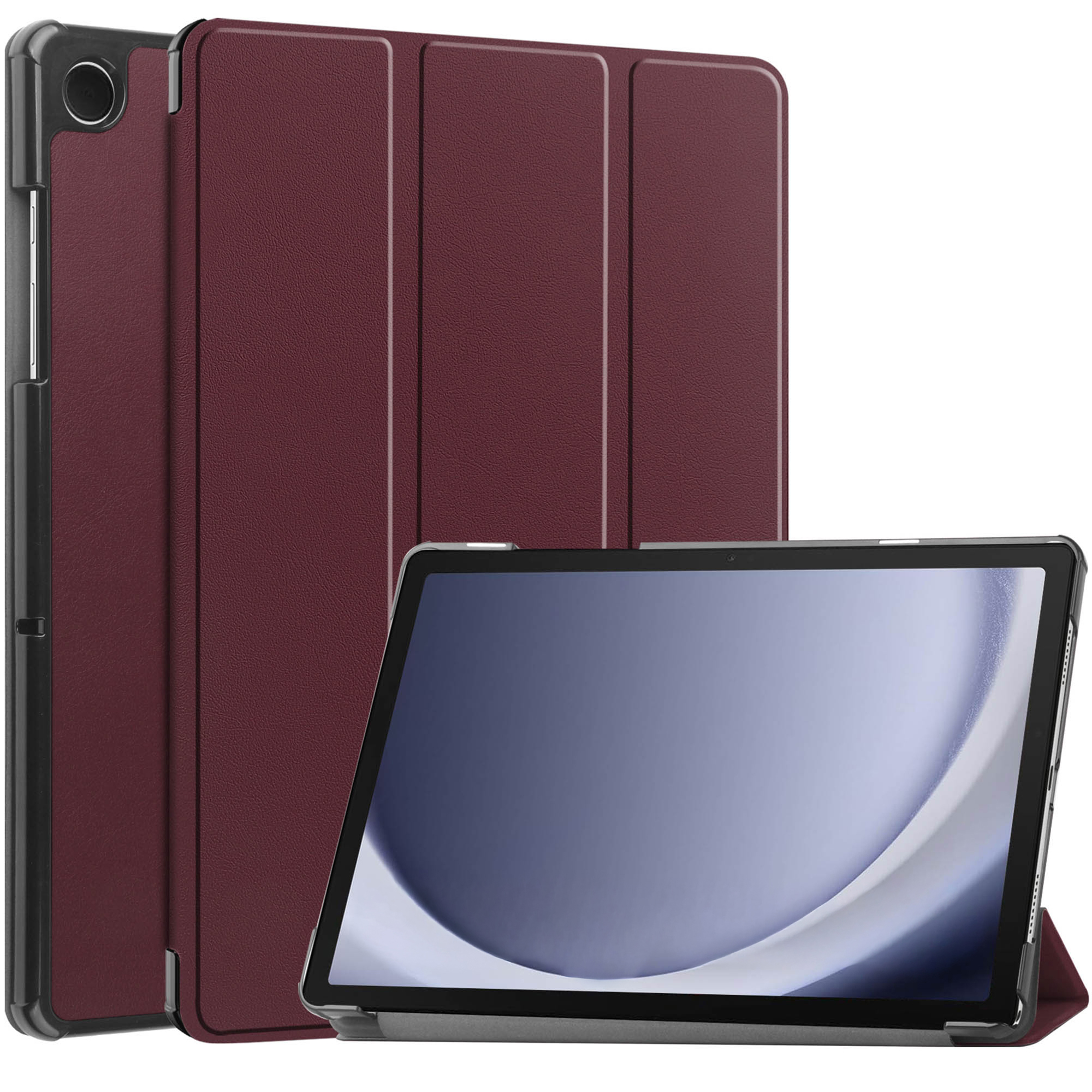 Tablet met een bordeauxrode hoes, geplaatst voor een ander deel van de hoes. Het scherm is zichtbaar.